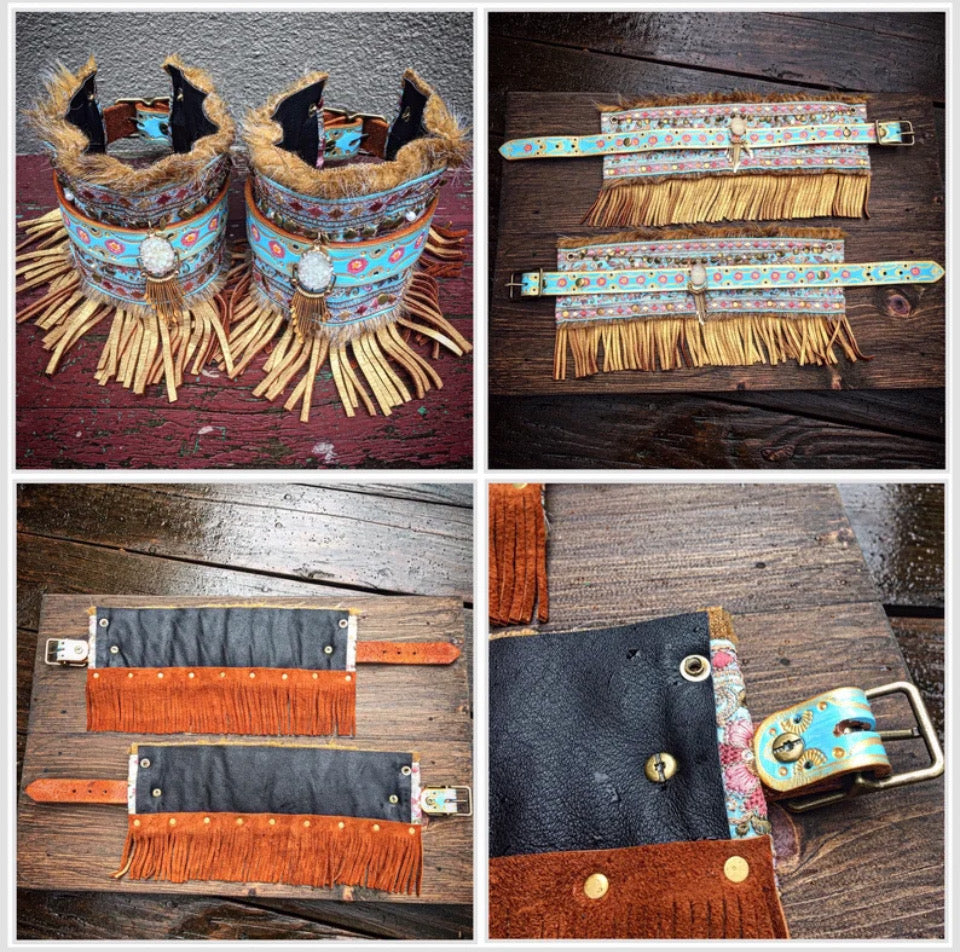 Shabby Chic Boho Boot Wraps, Hand Tooled / Painted, Wearable Art