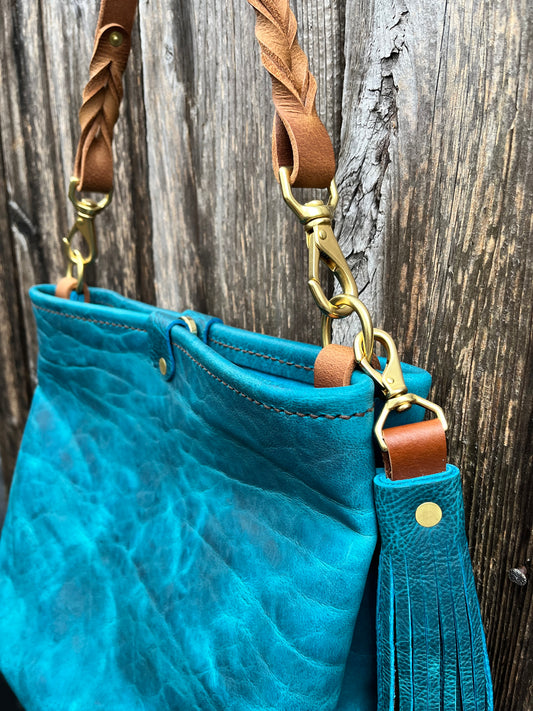 Carrie Hobo in Blue Bison with Braided Leather Strap & Tassel