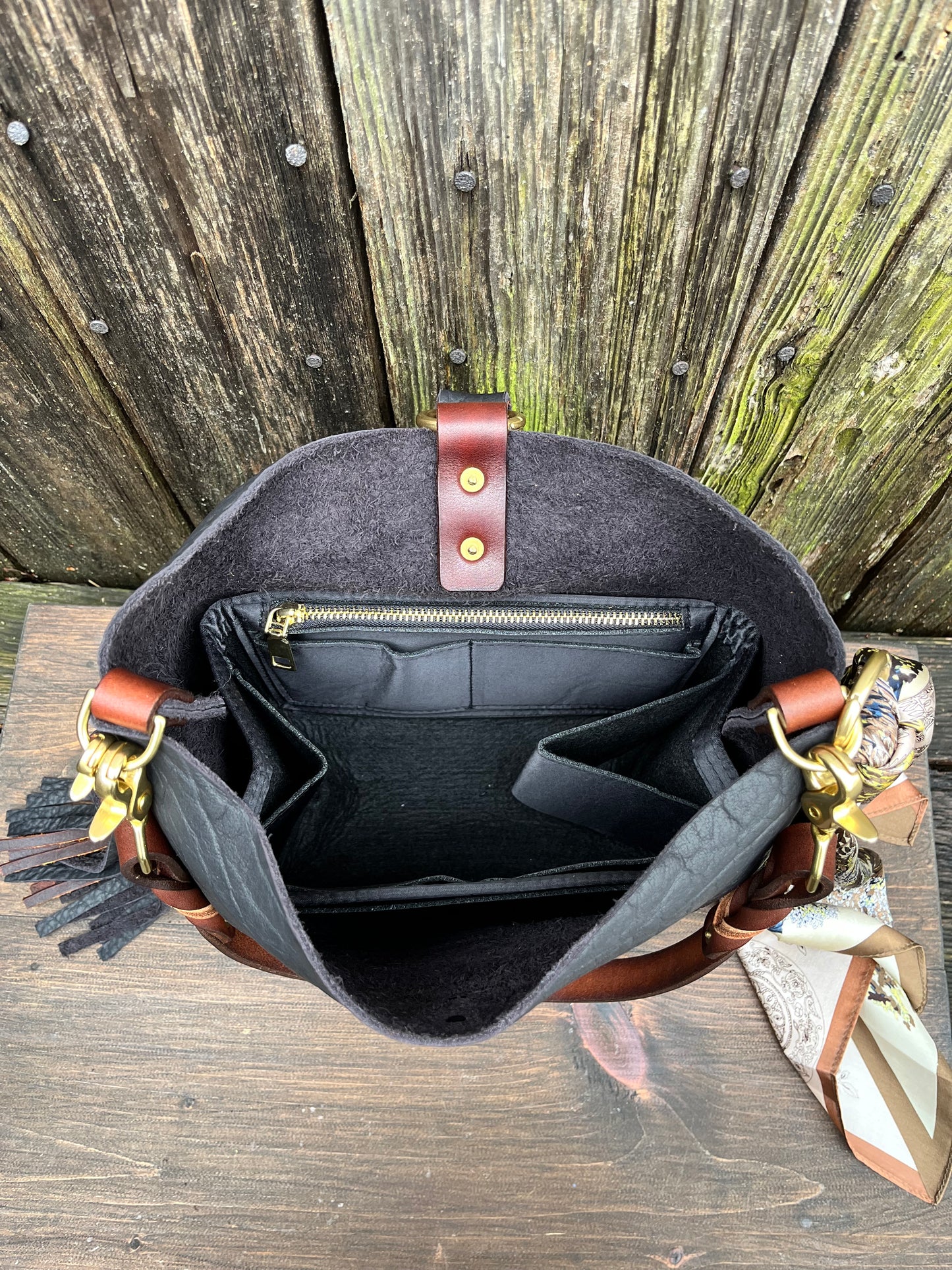 Barcelona Mini Bucket in Distressed Black Bison with Braided Tassel