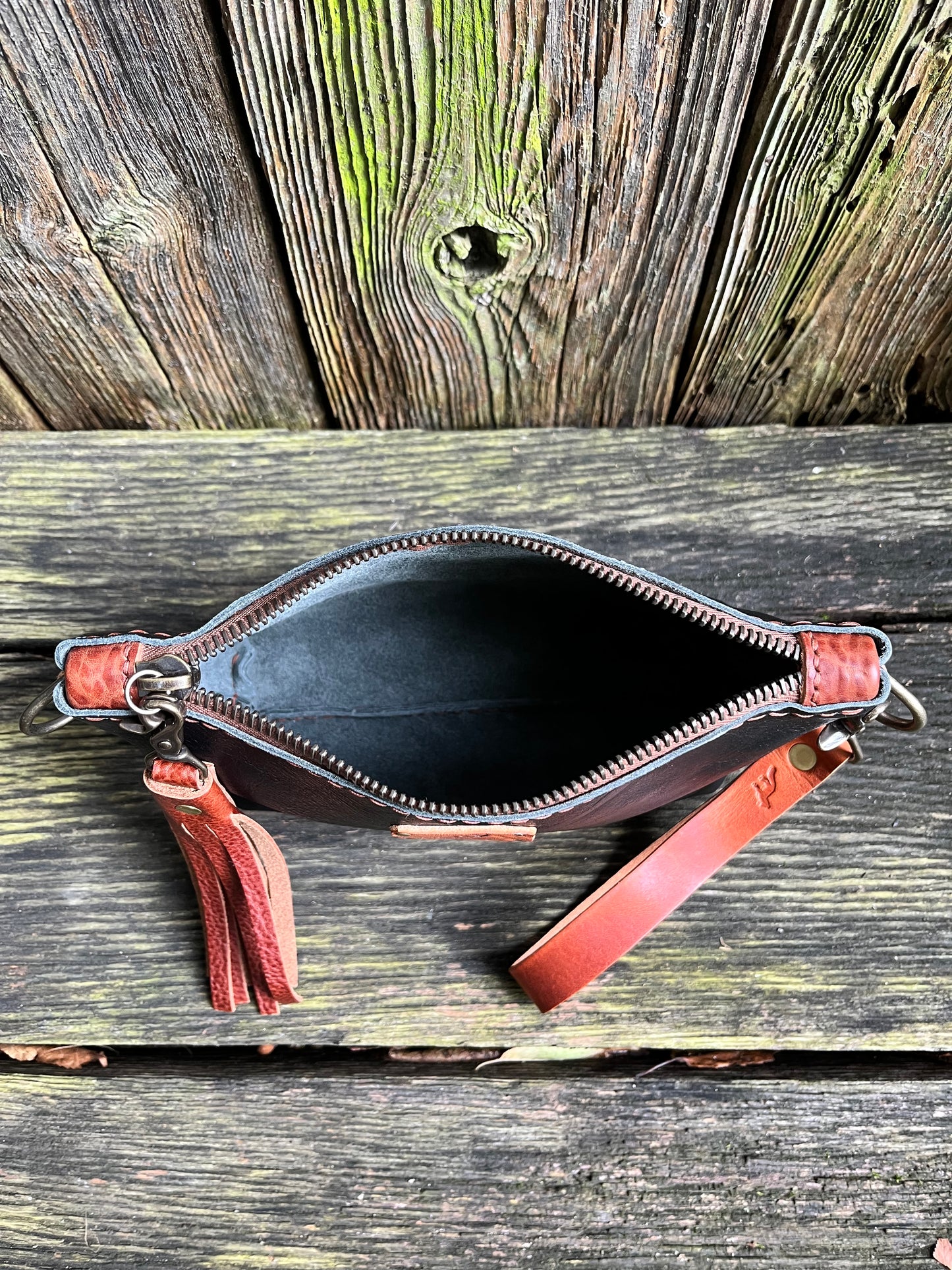 Little Pip Wristlet in Black Veg Tan with Brown Leather Accents