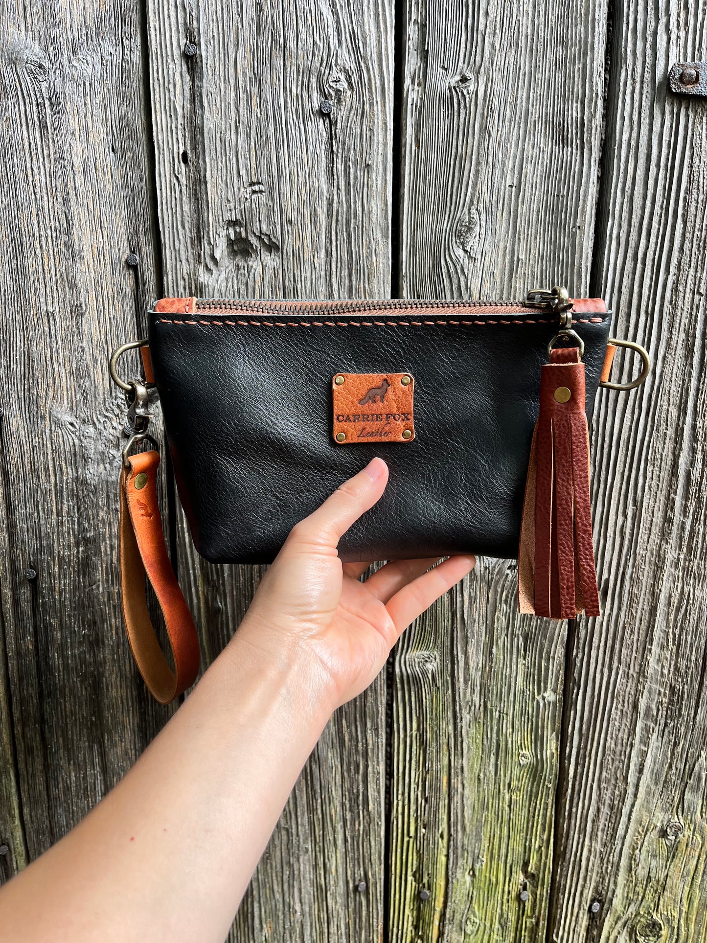 Little Pip Wristlet in Black Veg Tan with Brown Leather Accents