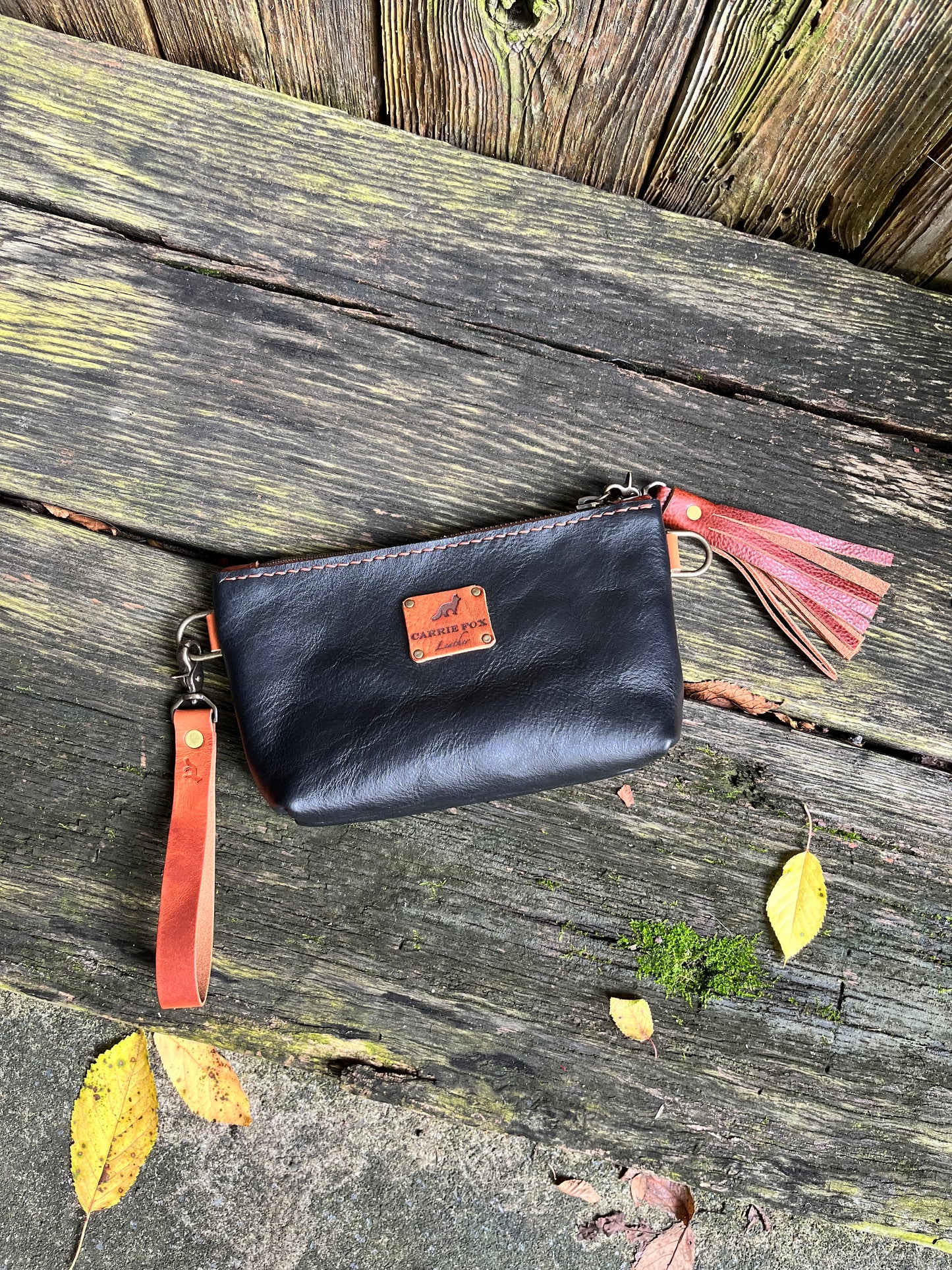 Little Pip Wristlet in Black Veg Tan with Brown Leather Accents