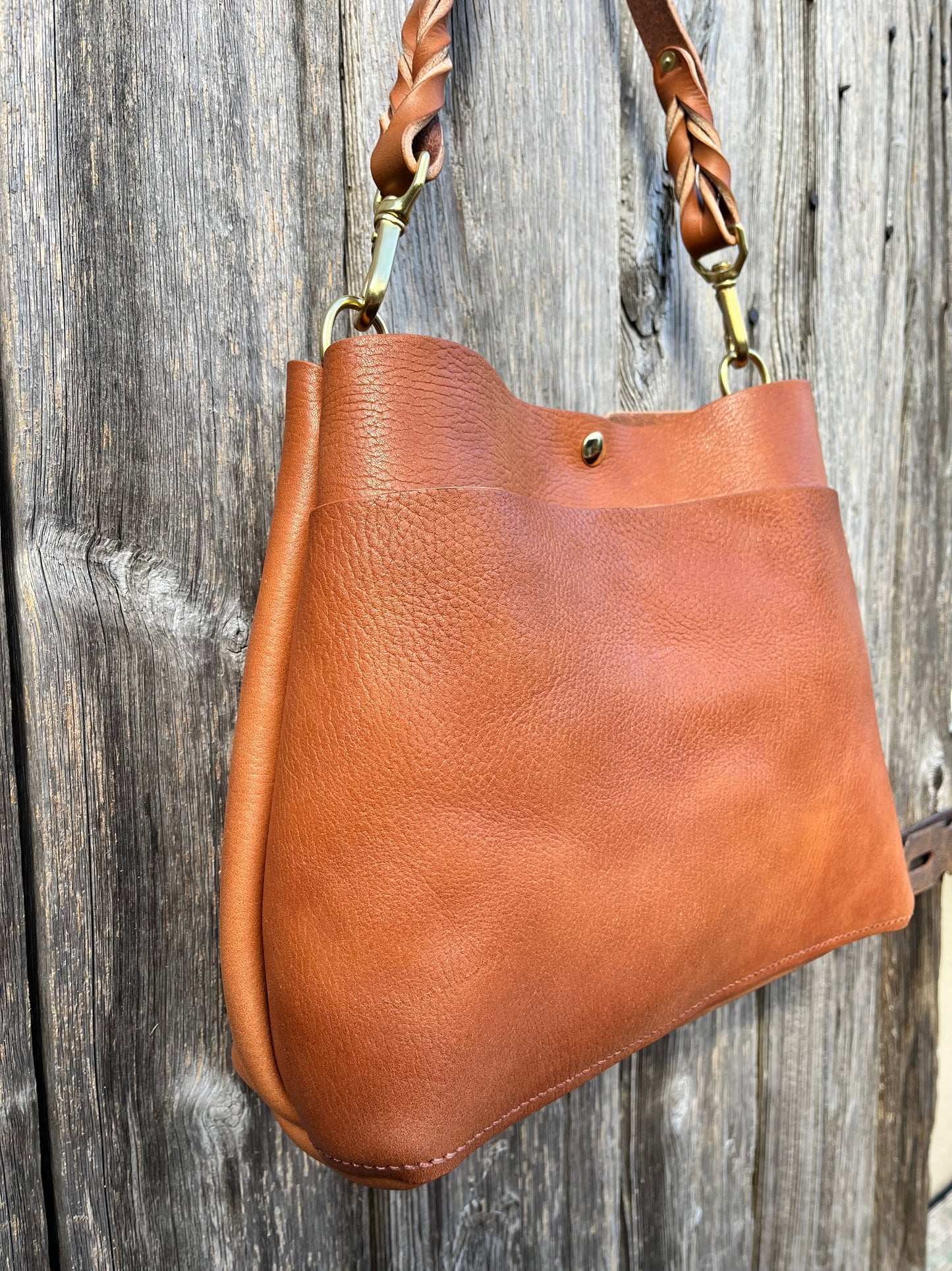 Emma Shoulder Bag in Wickett & Craig Milled Buck Brown with Longer Braided Leather Strap