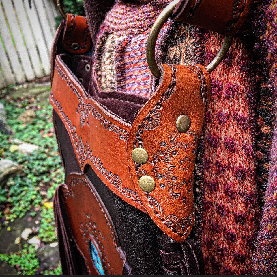 Evolet Leather Crossbody Pouch in Dark Chocolate Deerskin with Turquoise Stone