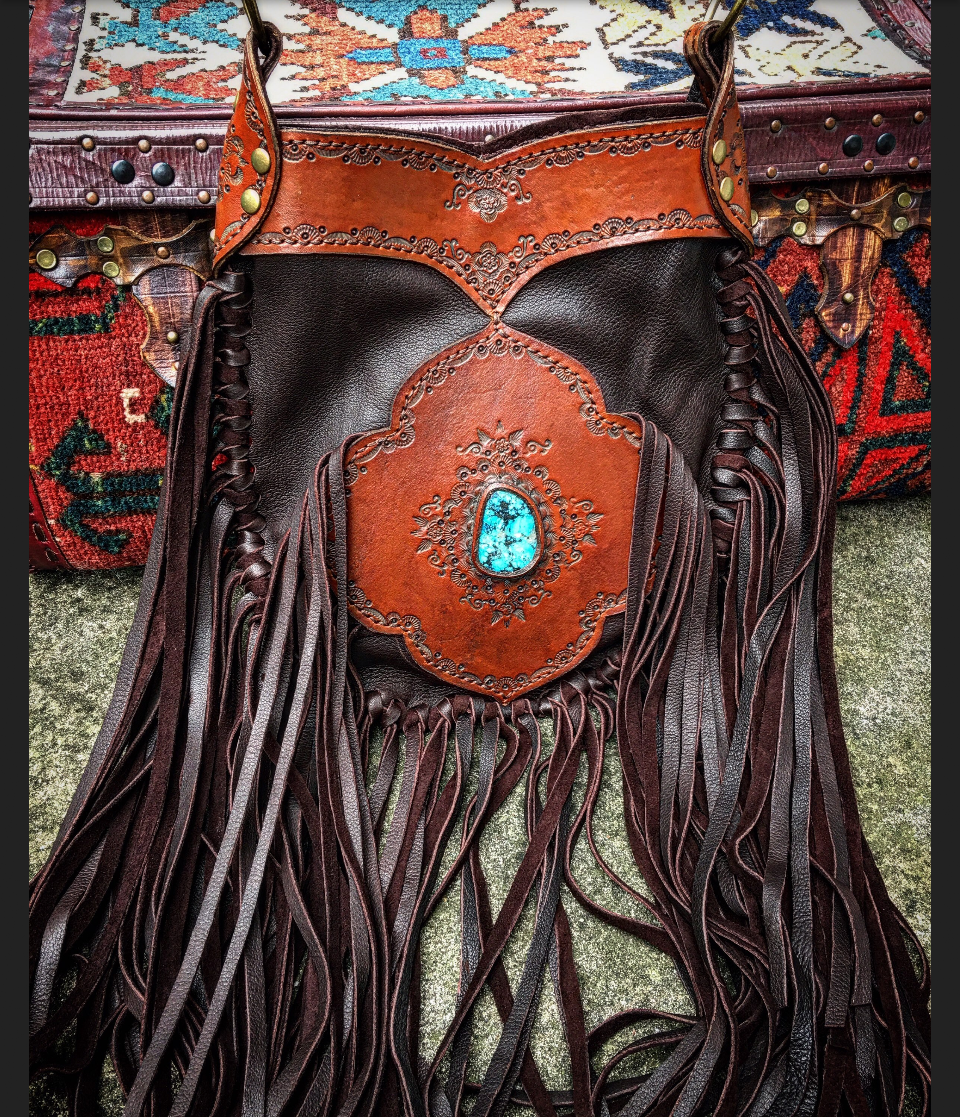 Evolet Leather Crossbody Pouch in Dark Chocolate Deerskin with Turquoise Stone