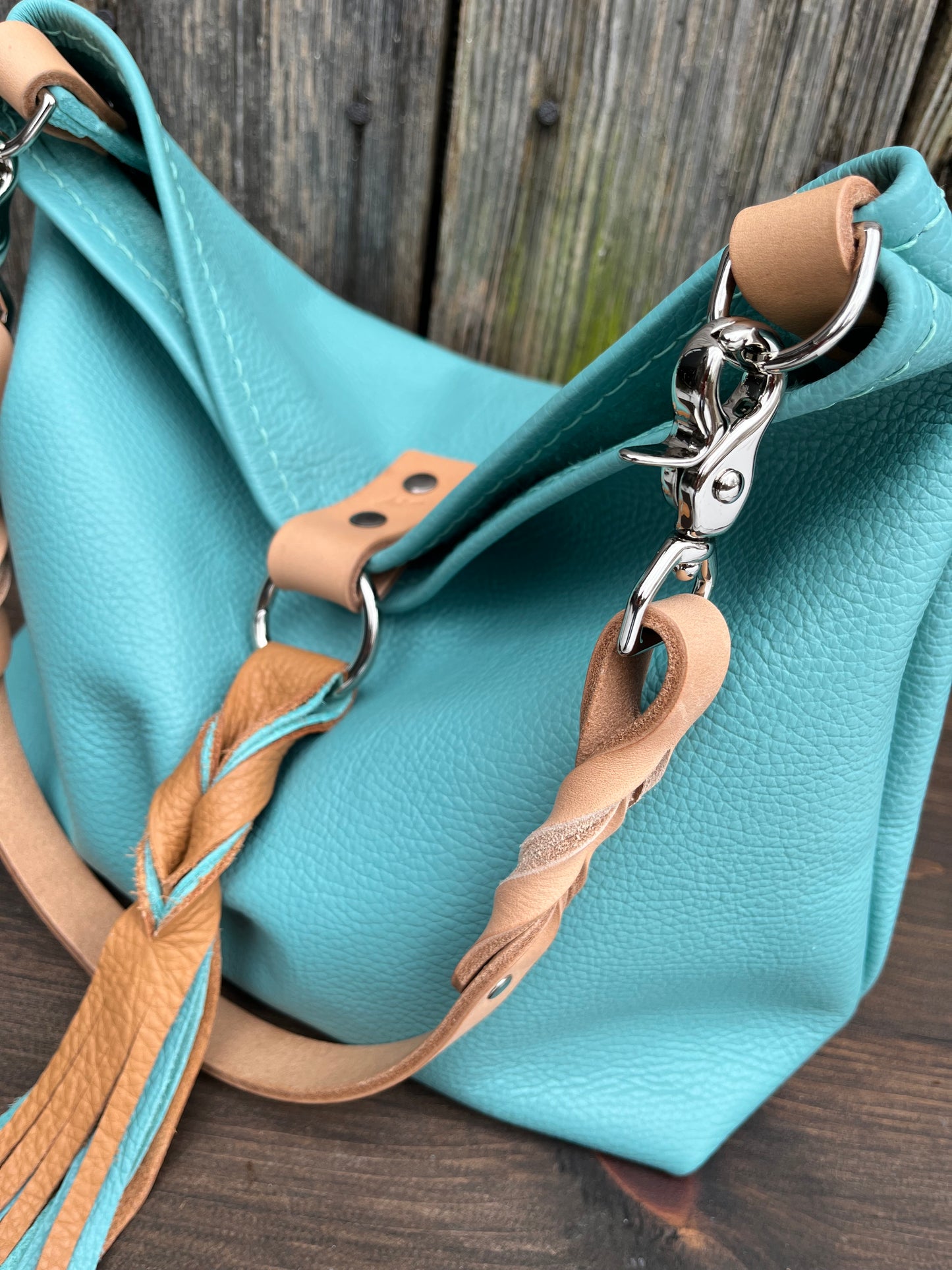 Mimi Slouch Bag in Tiffany Blue with Braided Throwover Leather Tassel