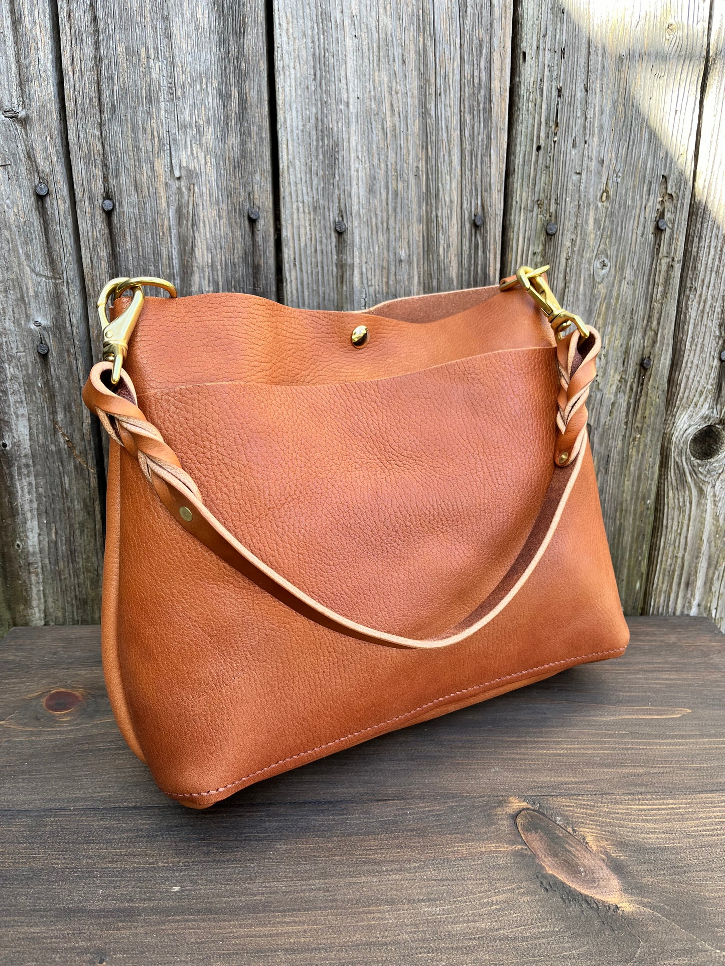 Emma Shoulder Bag in Wickett & Craig Milled Buck Brown with Longer Braided Leather Strap