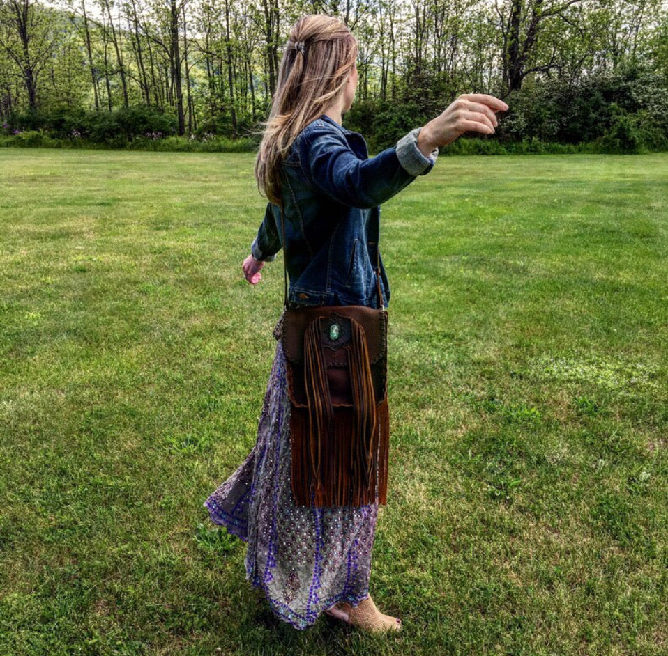 Evolet Saddle Bag in Oil Tanned Leather with Nevada Emerald Valley Turquoise