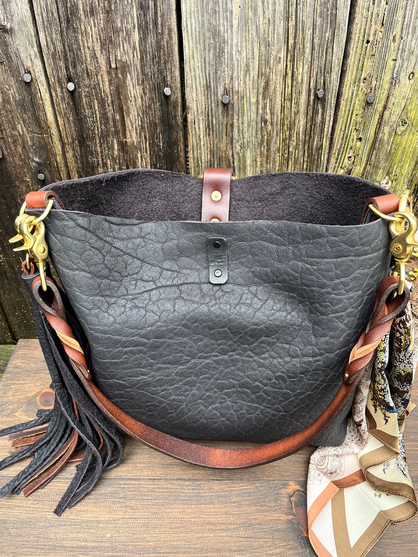 Barcelona Mini Bucket in Distressed Black Bison with Braided Tassel