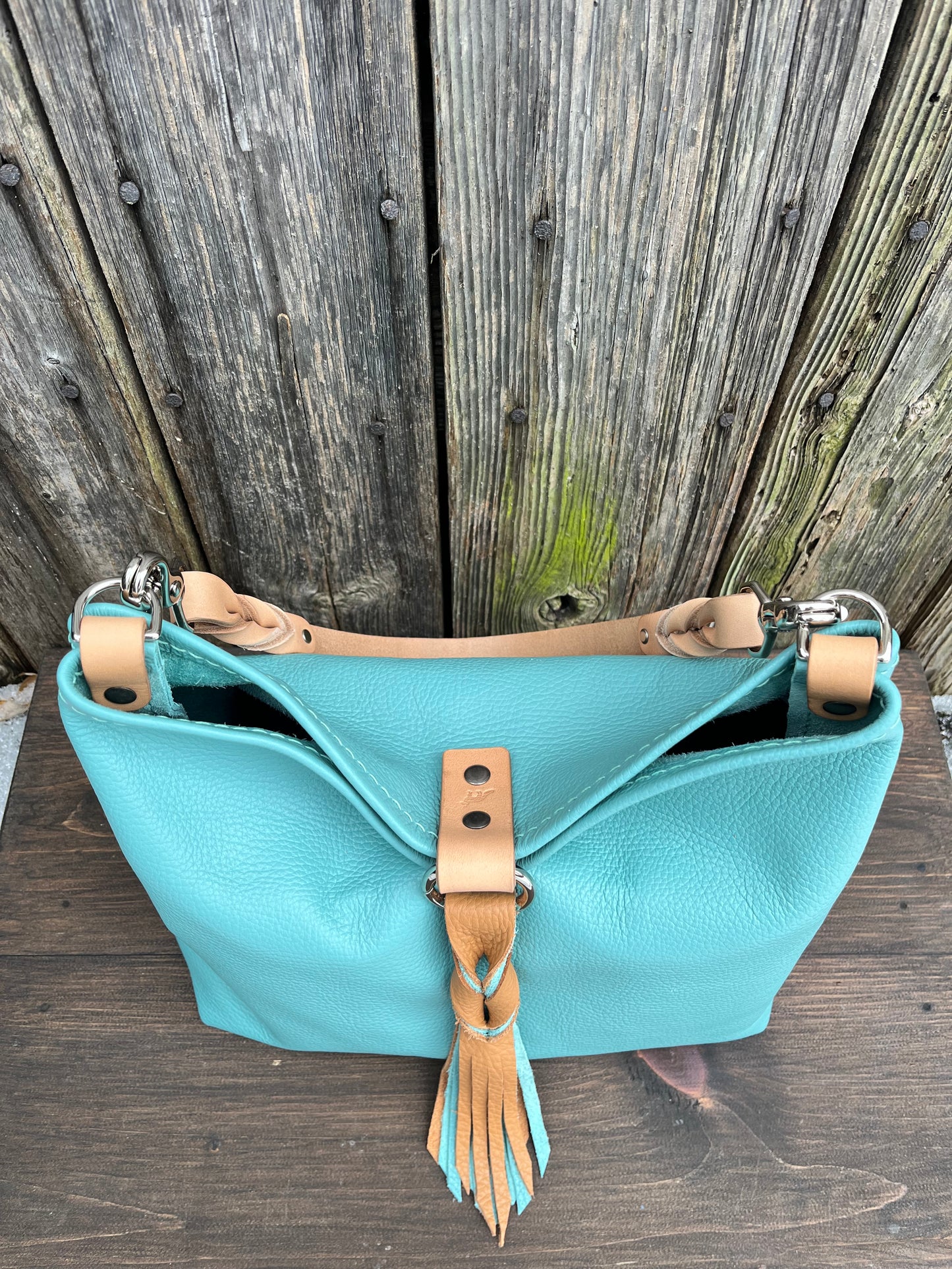 Mimi Slouch Bag in Tiffany Blue with Braided Throwover Leather Tassel