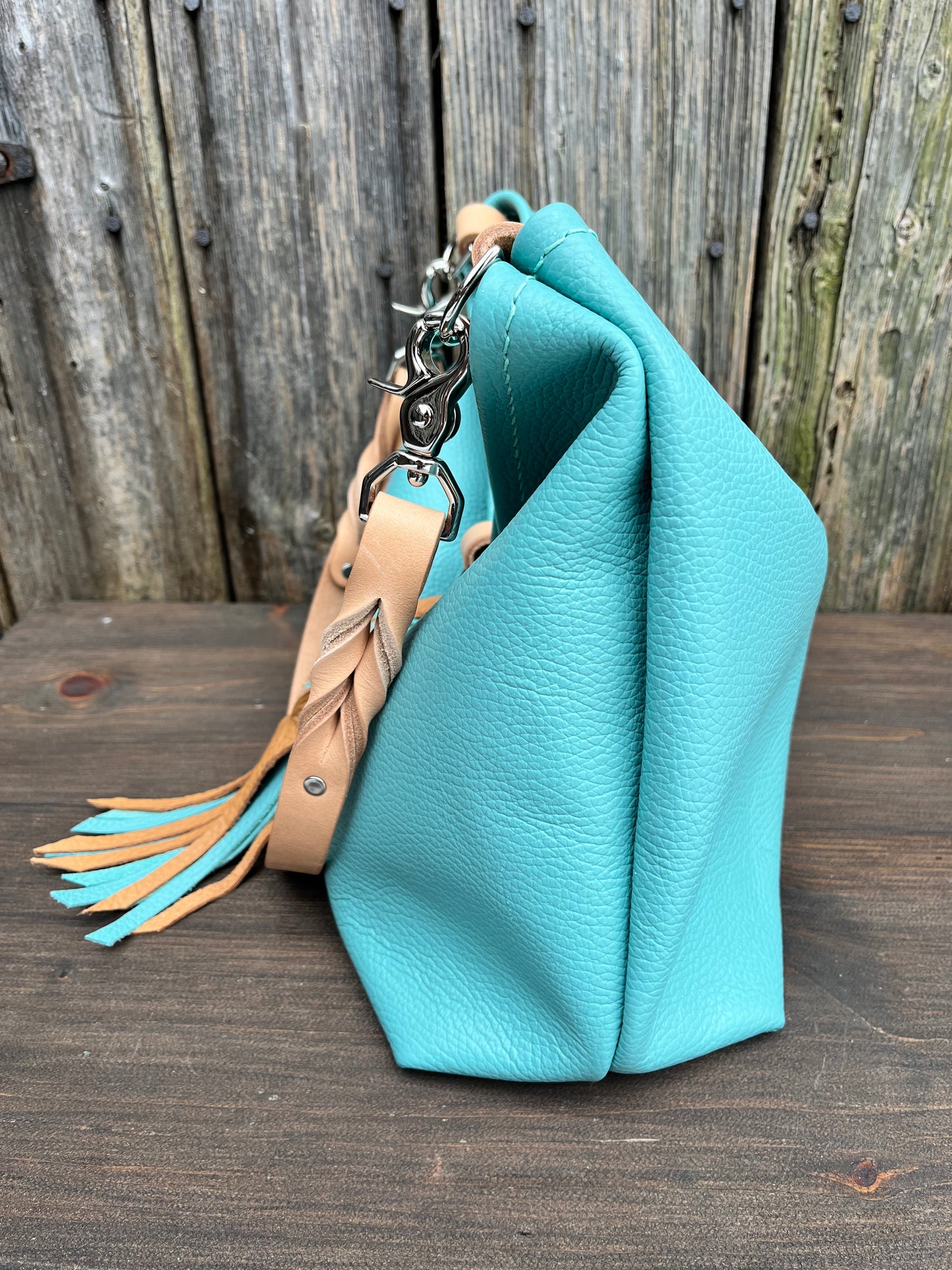 Mimi Slouch Bag in Tiffany Blue with Braided Throwover Leather Tassel