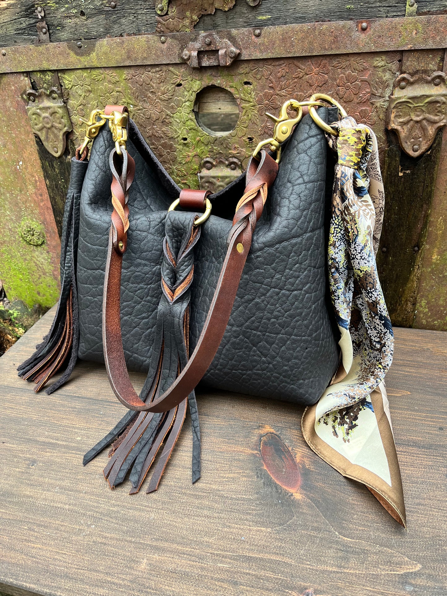 Barcelona Mini Bucket in Distressed Black Bison with Braided Tassel