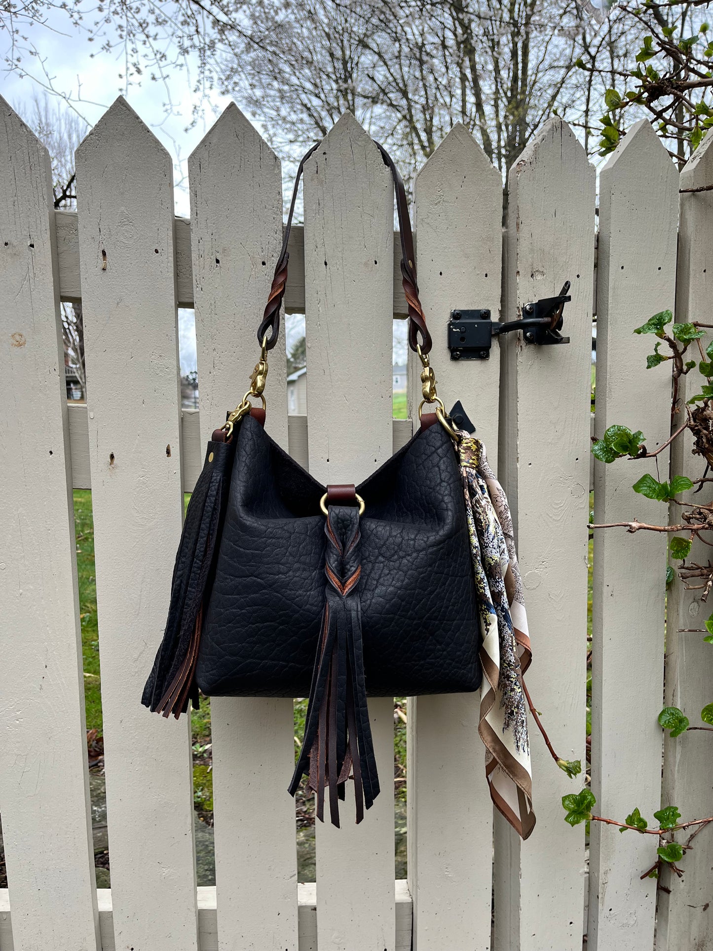 Barcelona Mini Bucket in Distressed Black Bison with Braided Tassel