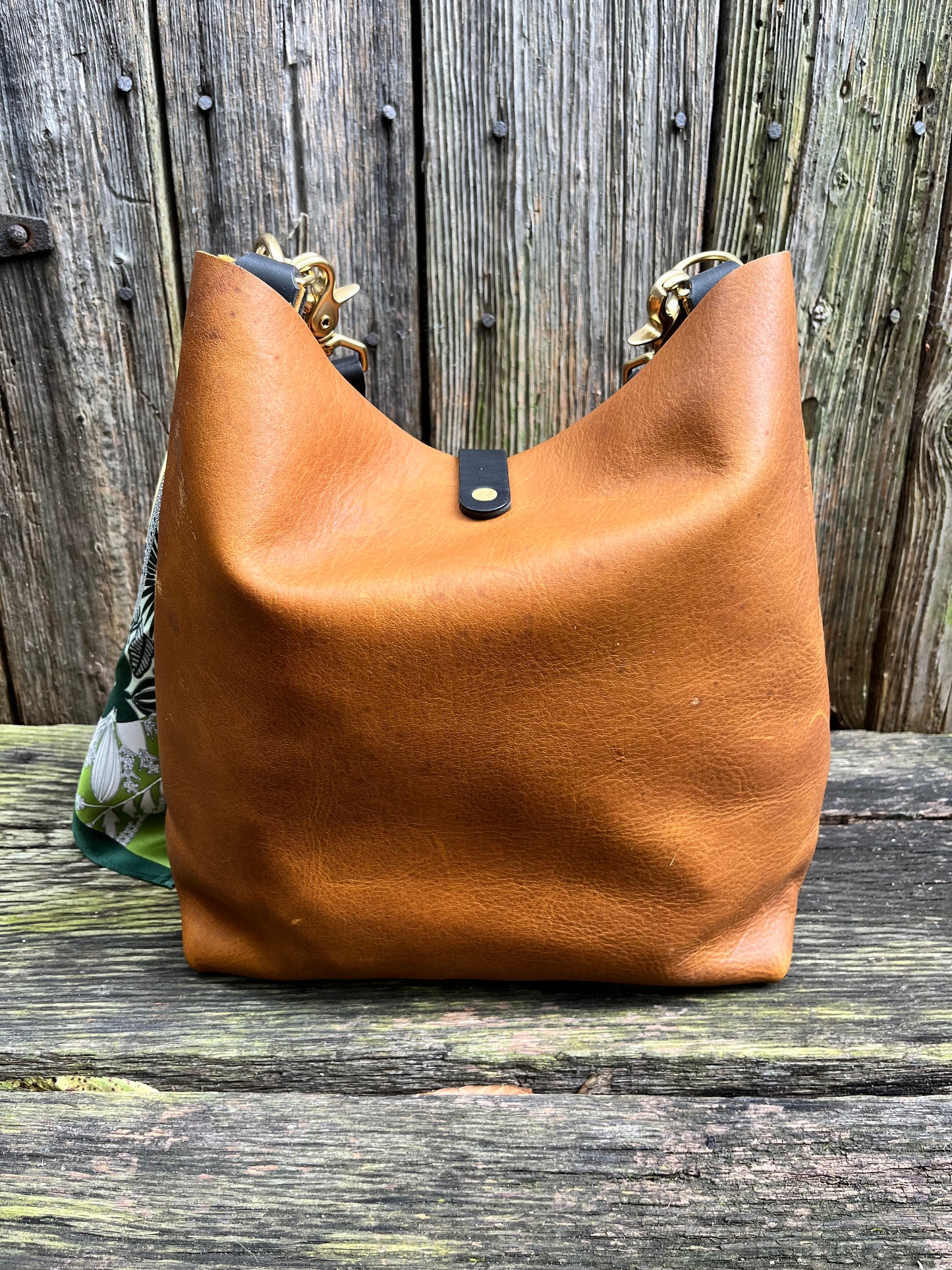 Barcelona Bucket in Distressed Tan Cowhide with Throwover Tassel & Silk Scarf Accessory