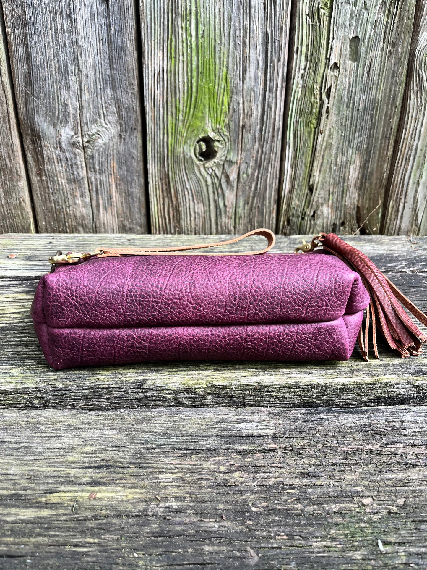 Pip Wristlet in Grape Bison with Cognac Leather Accents