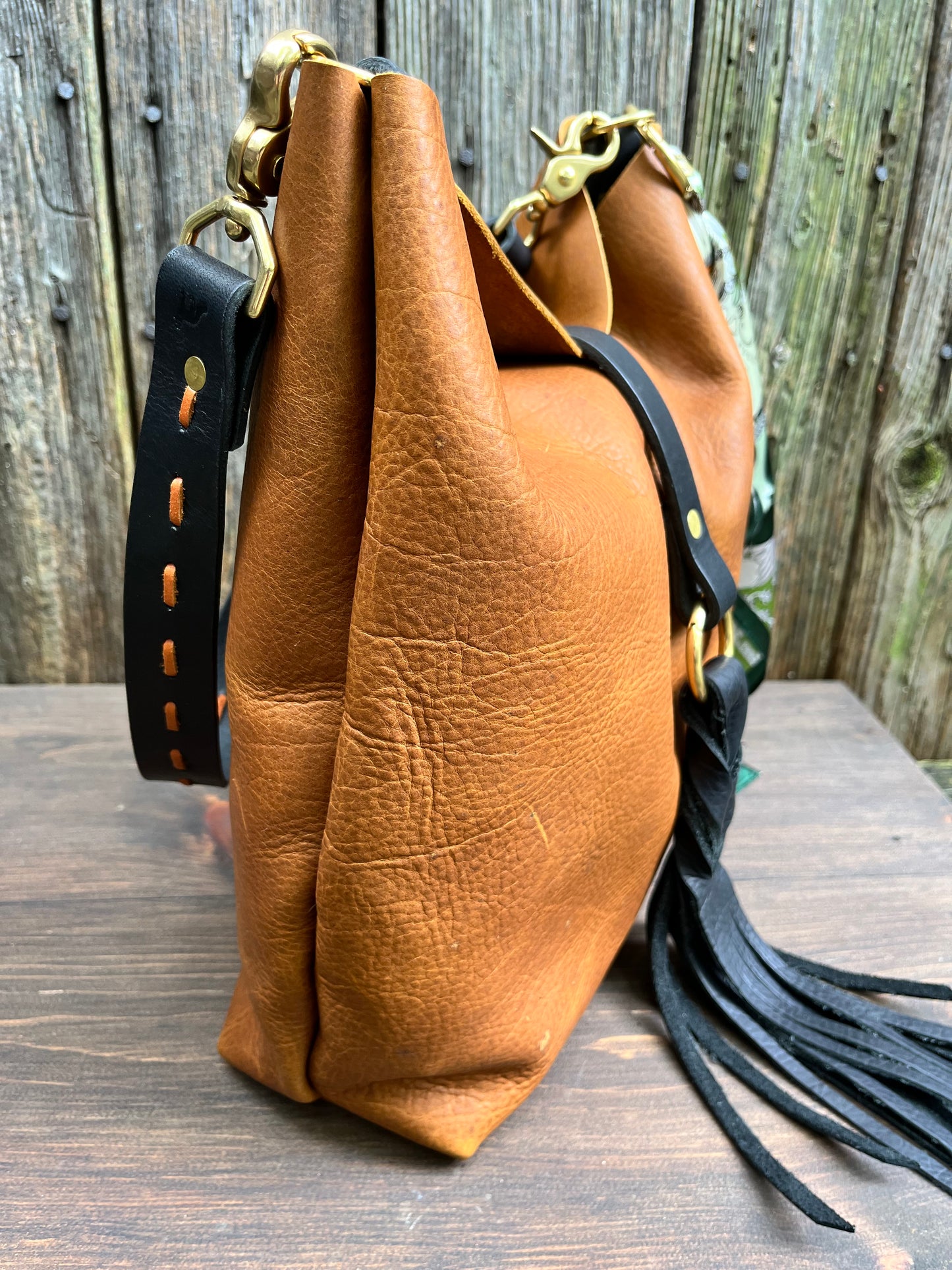 Barcelona Bucket in Distressed Tan Cowhide with Throwover Tassel & Silk Scarf Accessory