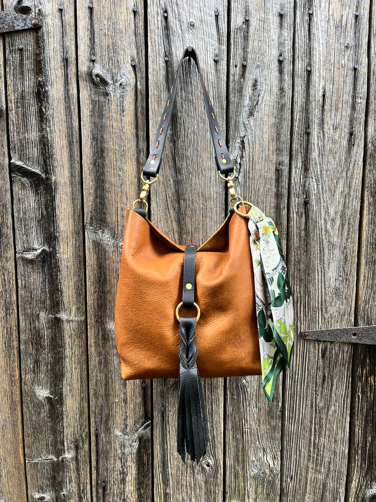Barcelona Bucket in Distressed Tan Cowhide with Throwover Tassel & Silk Scarf Accessory