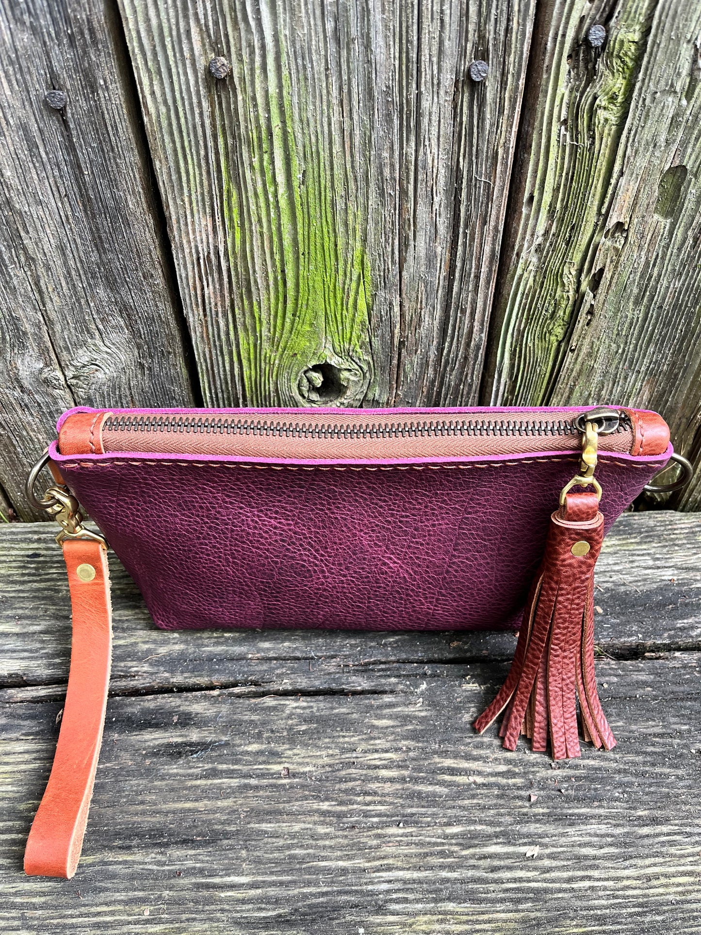 Pip Wristlet in Grape Bison with Cognac Leather Accents