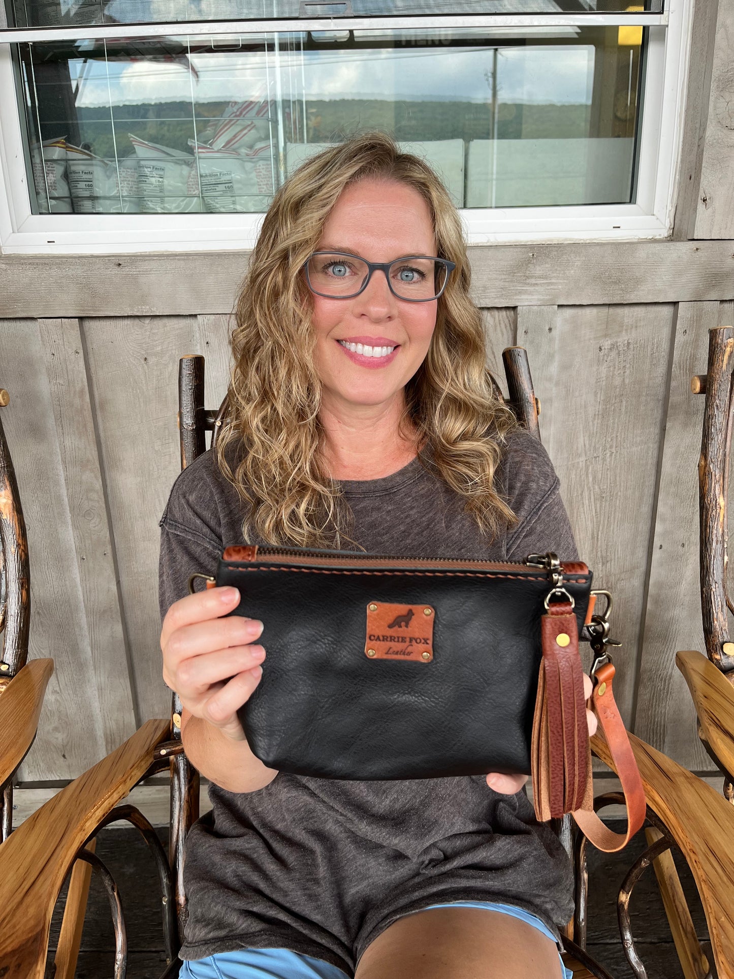 Little Pip Wristlet in Black Veg Tan with Brown Leather Accents