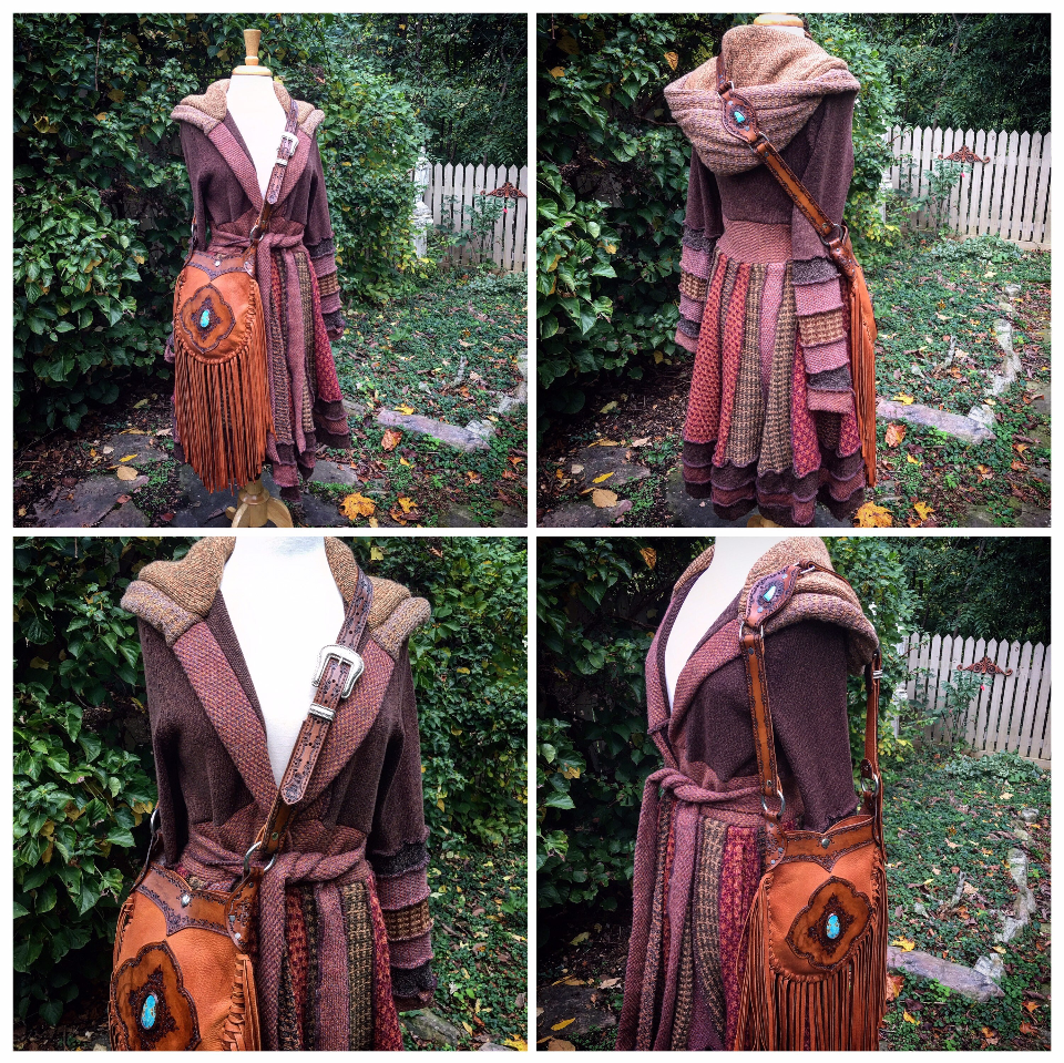 Evolet Tribal Leather Crossbody Pouch, Hand-Tooled, Tobacco Deerskin with Sierra Nevada Turquoise
