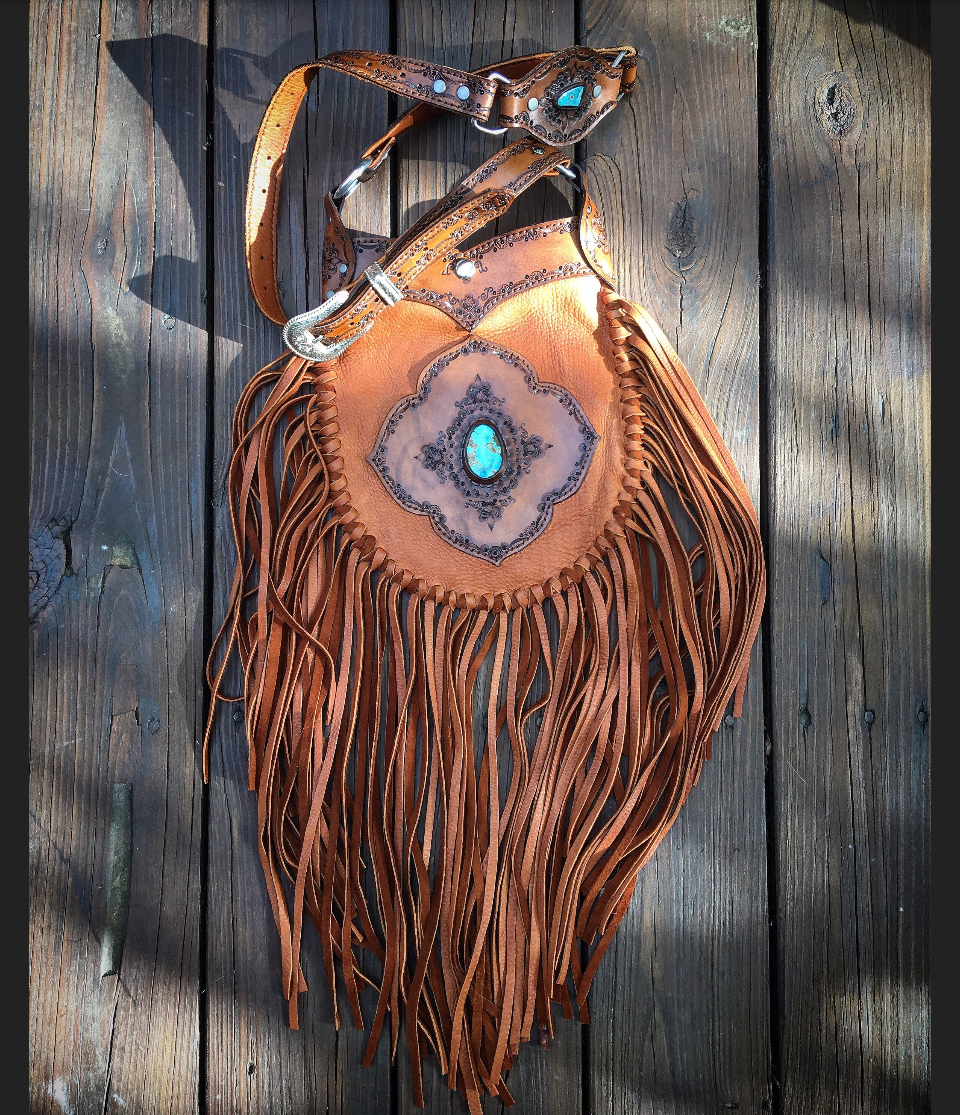 Evolet Tribal Leather Crossbody Pouch, Hand-Tooled, Tobacco Deerskin with Sierra Nevada Turquoise