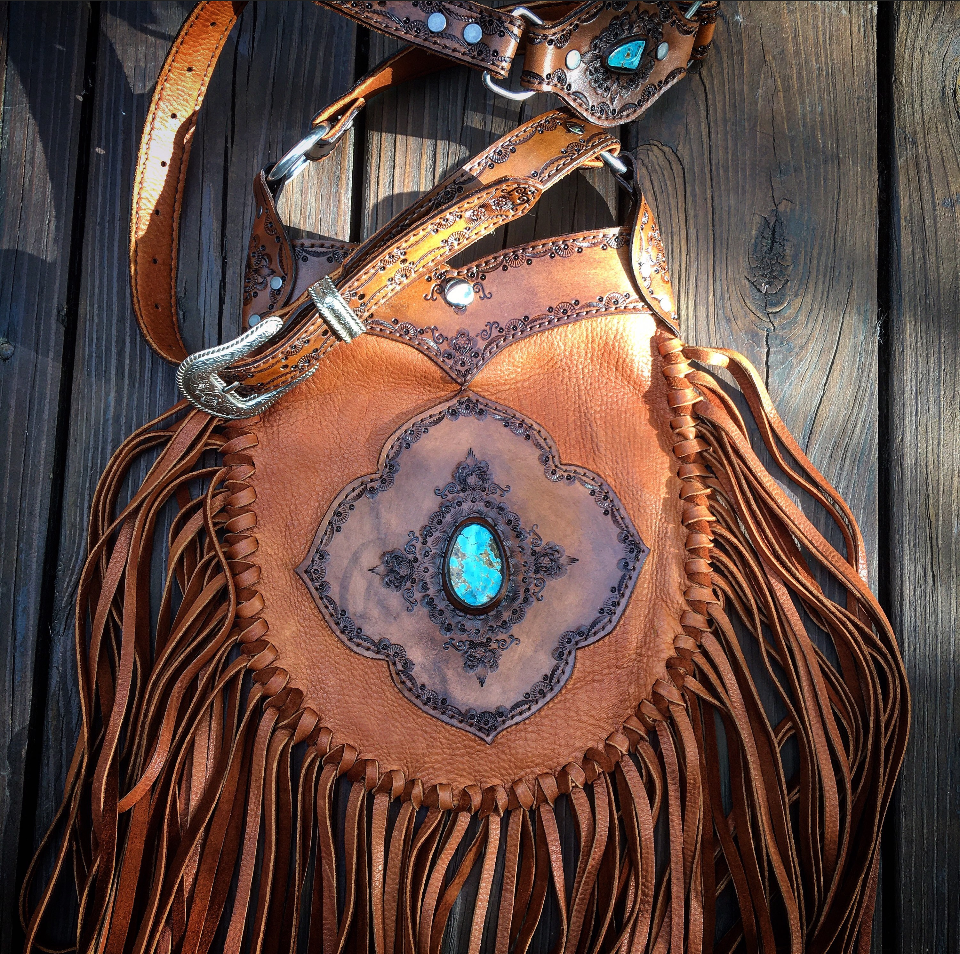 Evolet Tribal Leather Crossbody Pouch, Hand-Tooled, Tobacco Deerskin with Sierra Nevada Turquoise