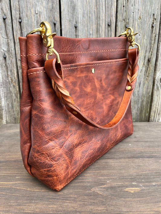 Emma Shoulder Bag in Nutmeg Cowhide with Braided Leather Strap