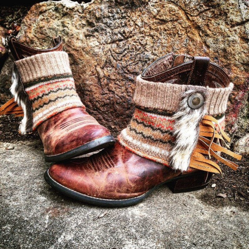 Fair Isle Mini Boot Sweaters with Faux Fur Trim
