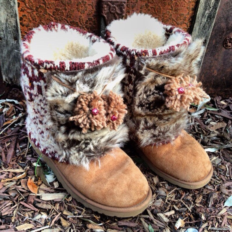 Sleigh Ride Fair Isle Boot Sweaters with Jingle Bells, Pom Pom Tassels, Boot Accessories