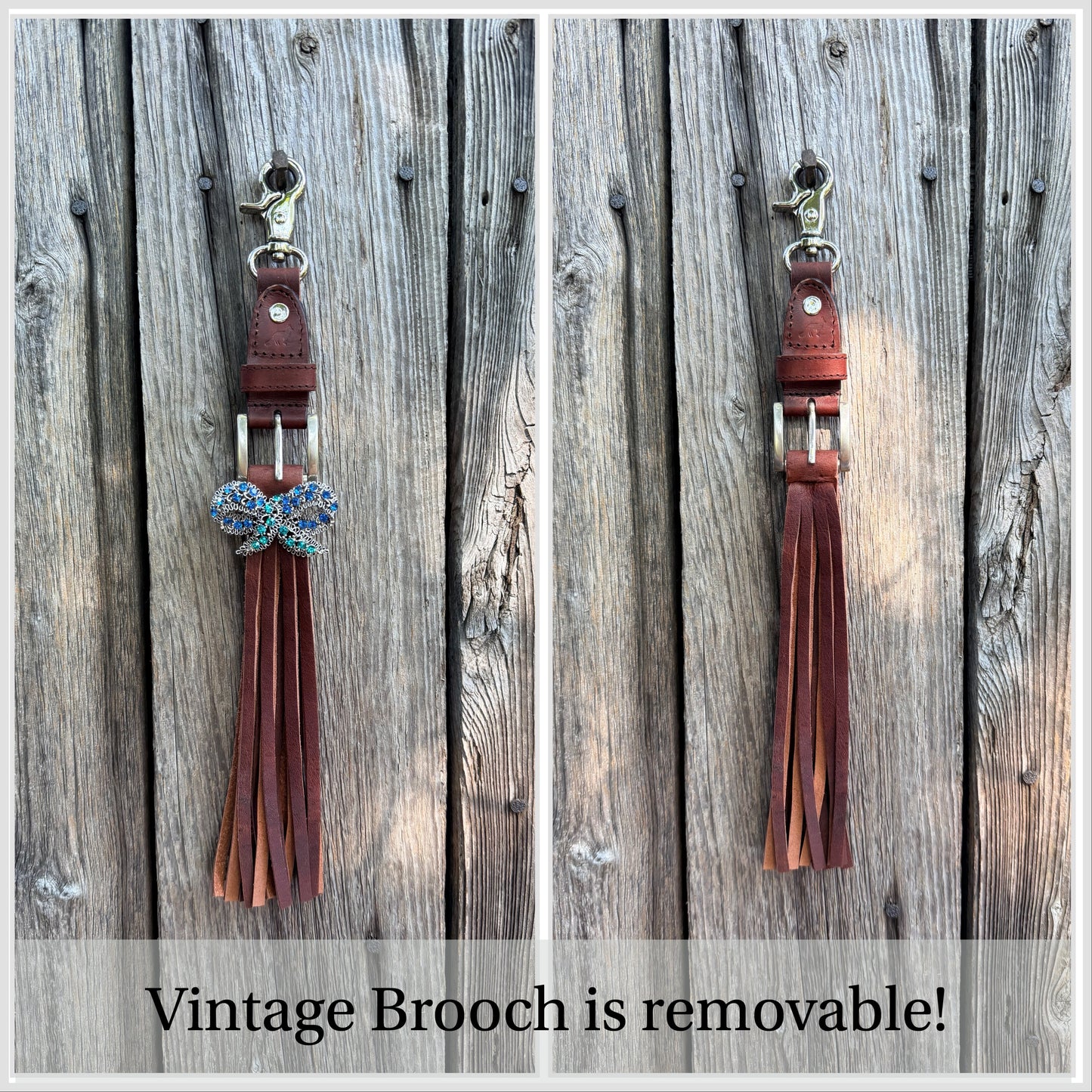 Boot Strap Tassel in Whiskey Brown Cowhide with Vintage Brooch 14”L, OOAK