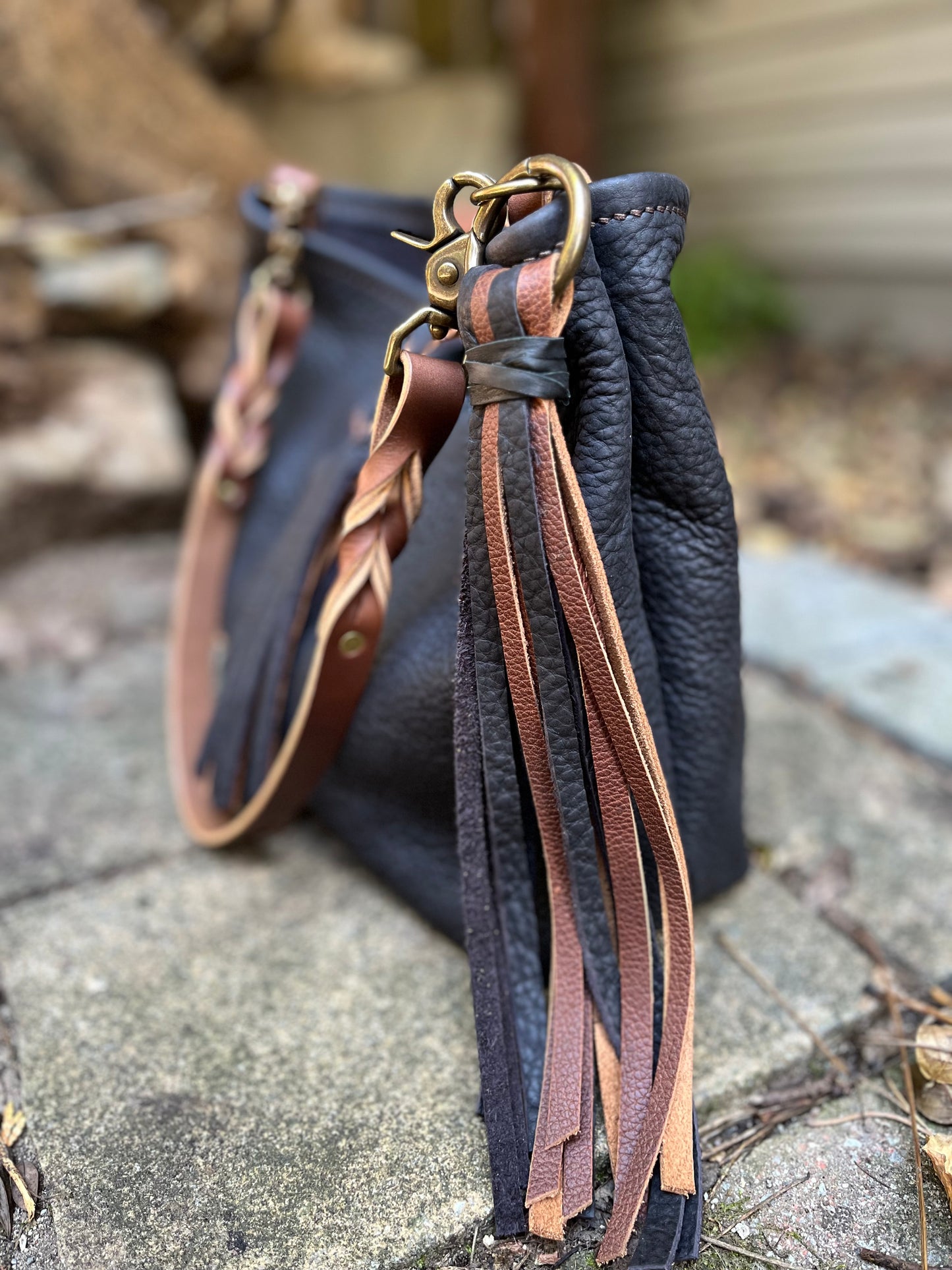 Mimi Slouch Bag in Distressed Black Bison with Braided Throwover Leather Tassel