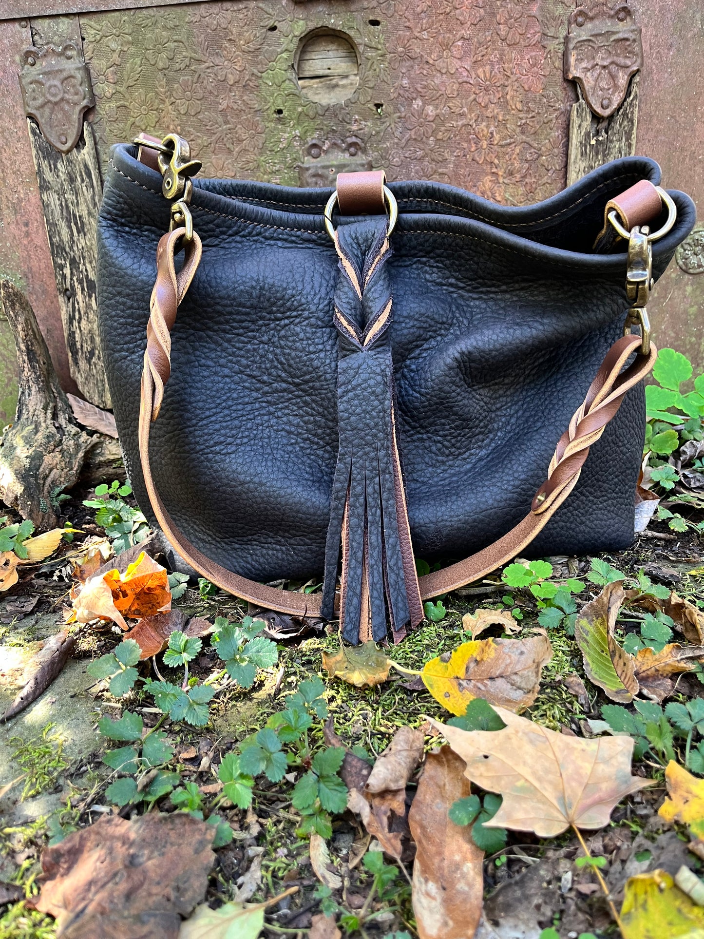 Mimi Slouch Bag in Distressed Black Bison with Braided Throwover Leather Tassel