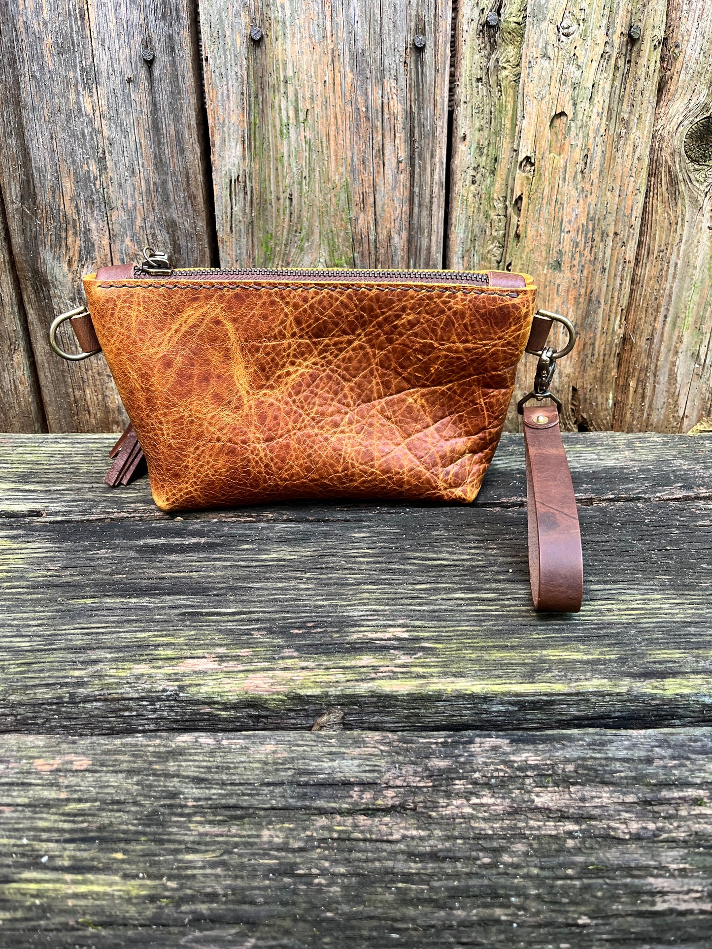 Pipsqueak Wristlet/Crossbody in Peanut Bison with Dark Brown Leather Accents