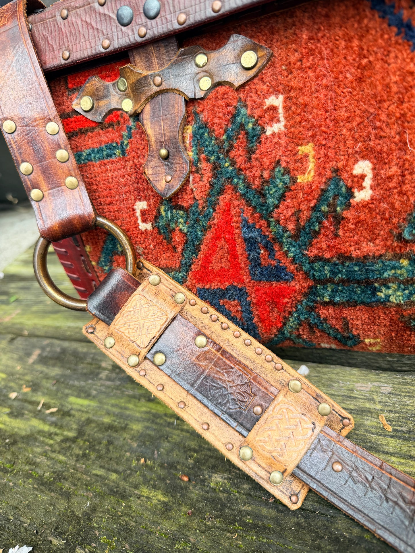 Carpet Bag Tote with Antique Rug & Veg Tanned Leather // Handmade in Wales, UK
