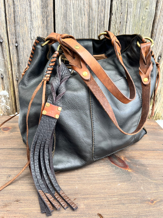 Twisted Fox Tag Leather Tassel with Black & Brown Ombré Fringe