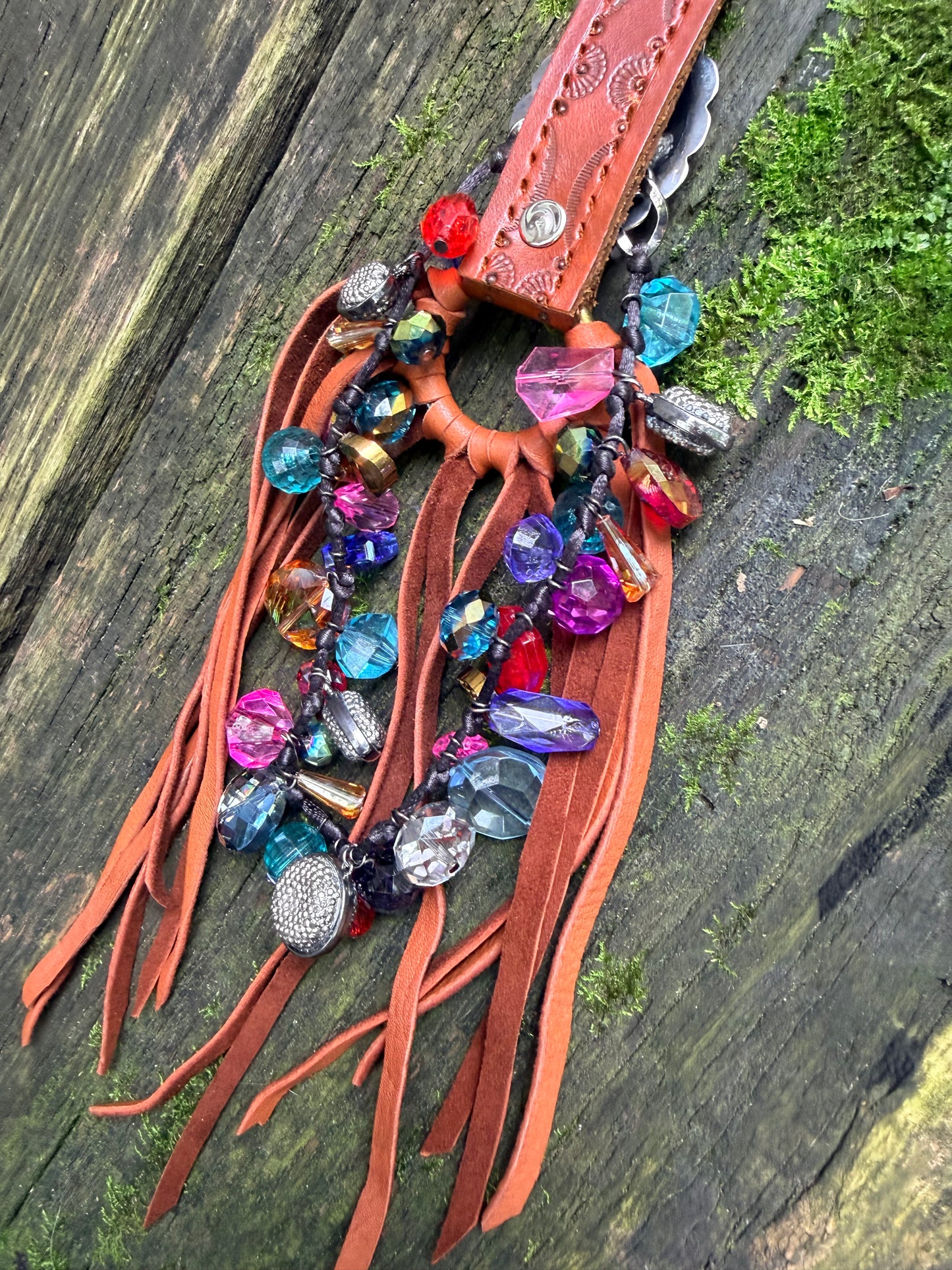 Hand-tooled Tribal Tassel in Tan Deerskin with Sterling Silver & Turquoise Concho 15”L, OOAK