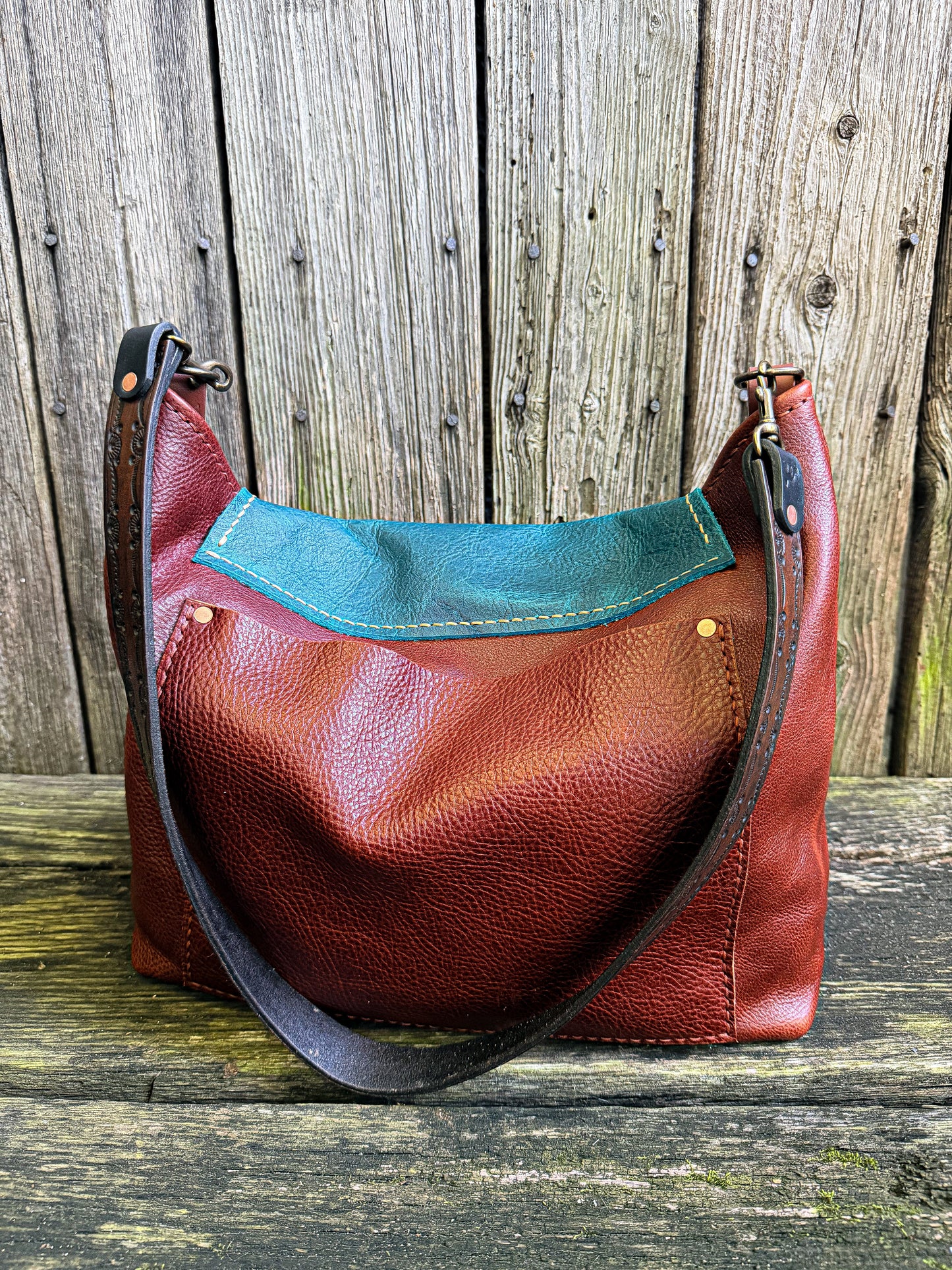 Remi Shoulder Bag with Tassel Flap in Mixed Leather with Horween Hand-tooled Strap