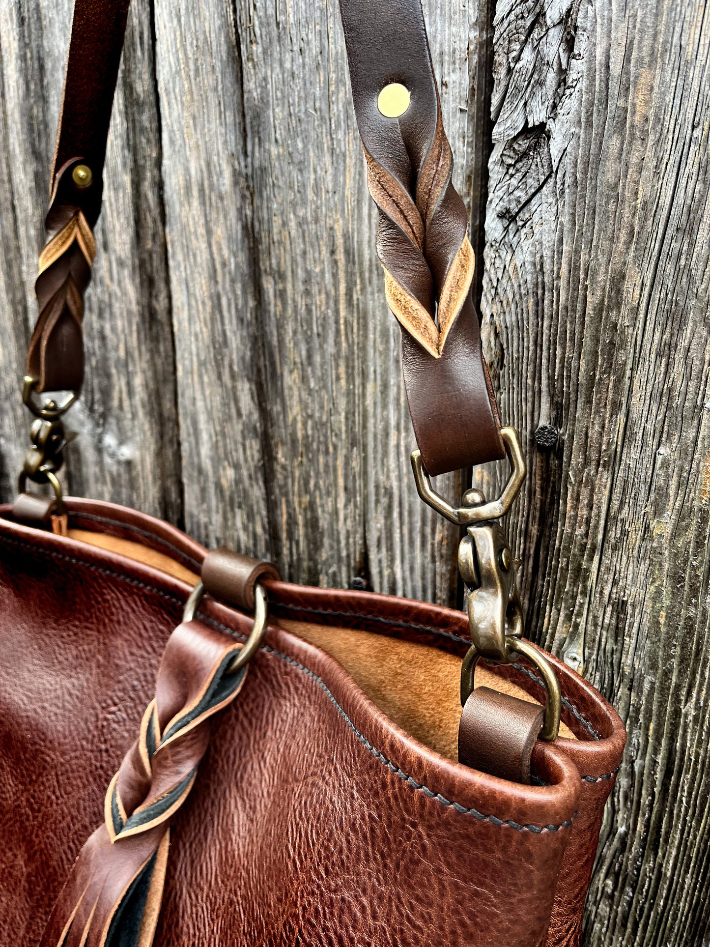 Mimi Slouch Bag in Rustic Dark Brown Leather with Braided Throwover Tassel