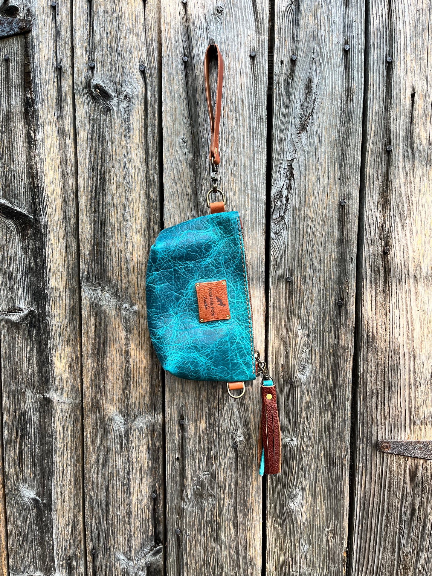 Pipsqueak Wristlet/Crossbody in Blue Bison with English Tan Leather Accents