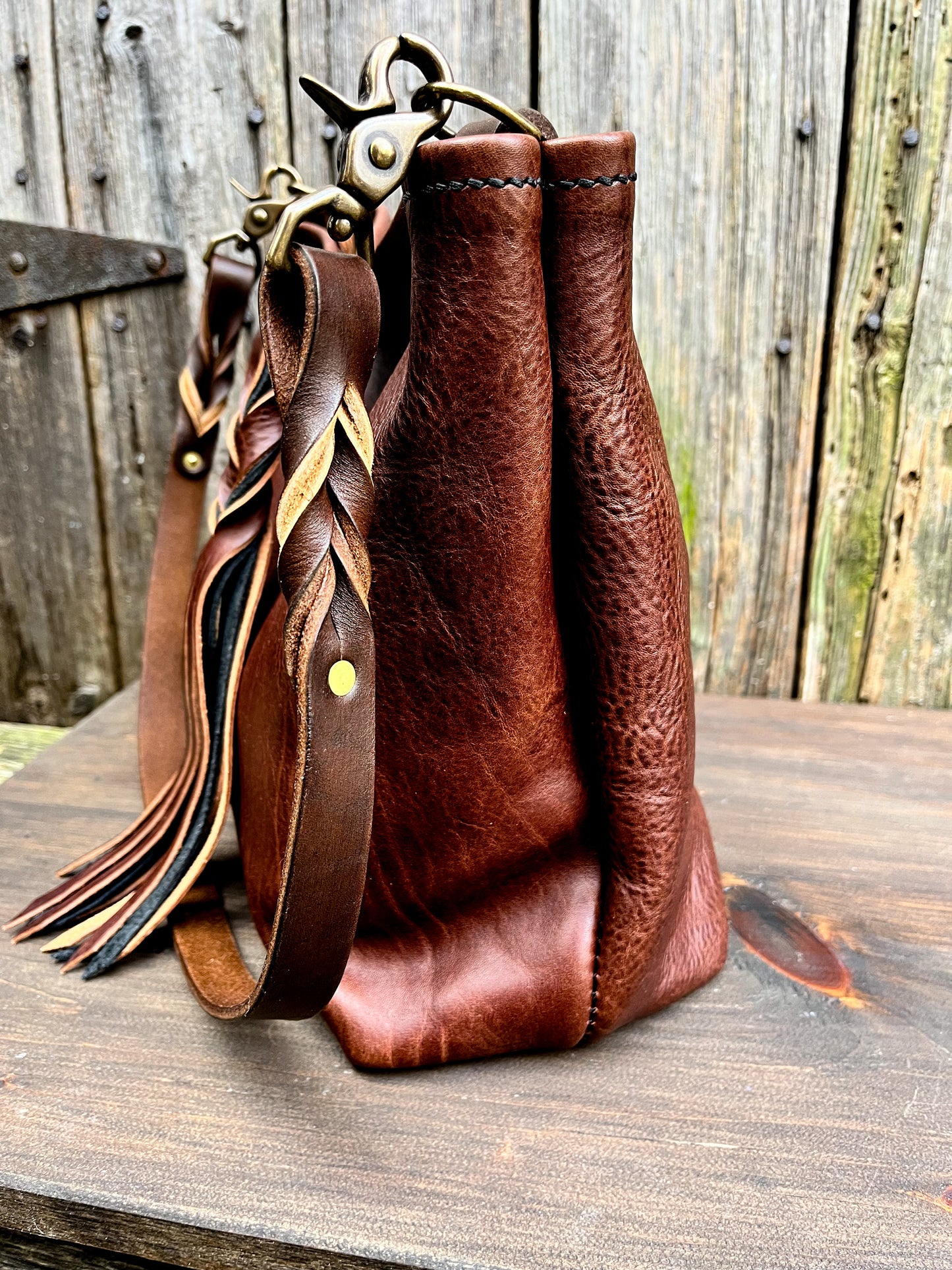 Mimi Slouch Bag in Rustic Dark Brown Leather with Braided Throwover Tassel