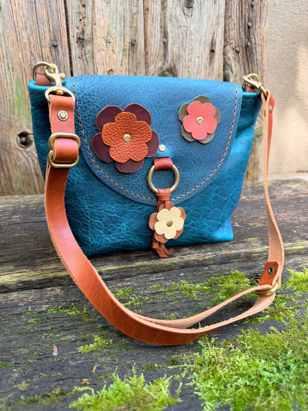 Bubby Bag in Premium Blue Bison with Whimsical Leather Flowers
