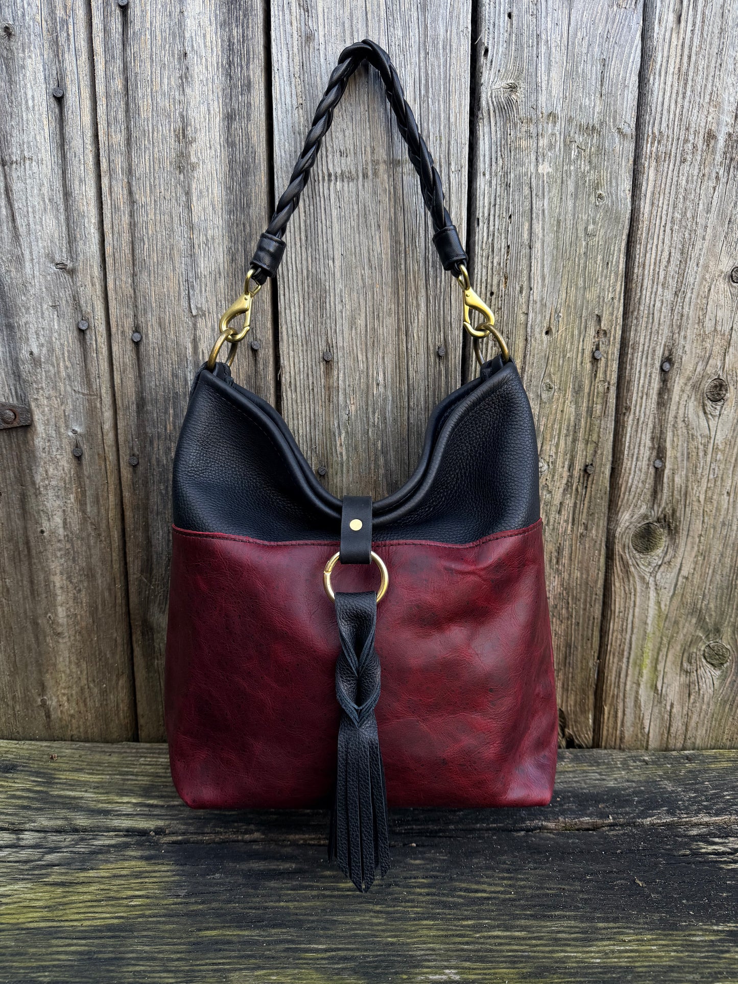 Custom Black Leather Throwover Tassel Closure for Karen