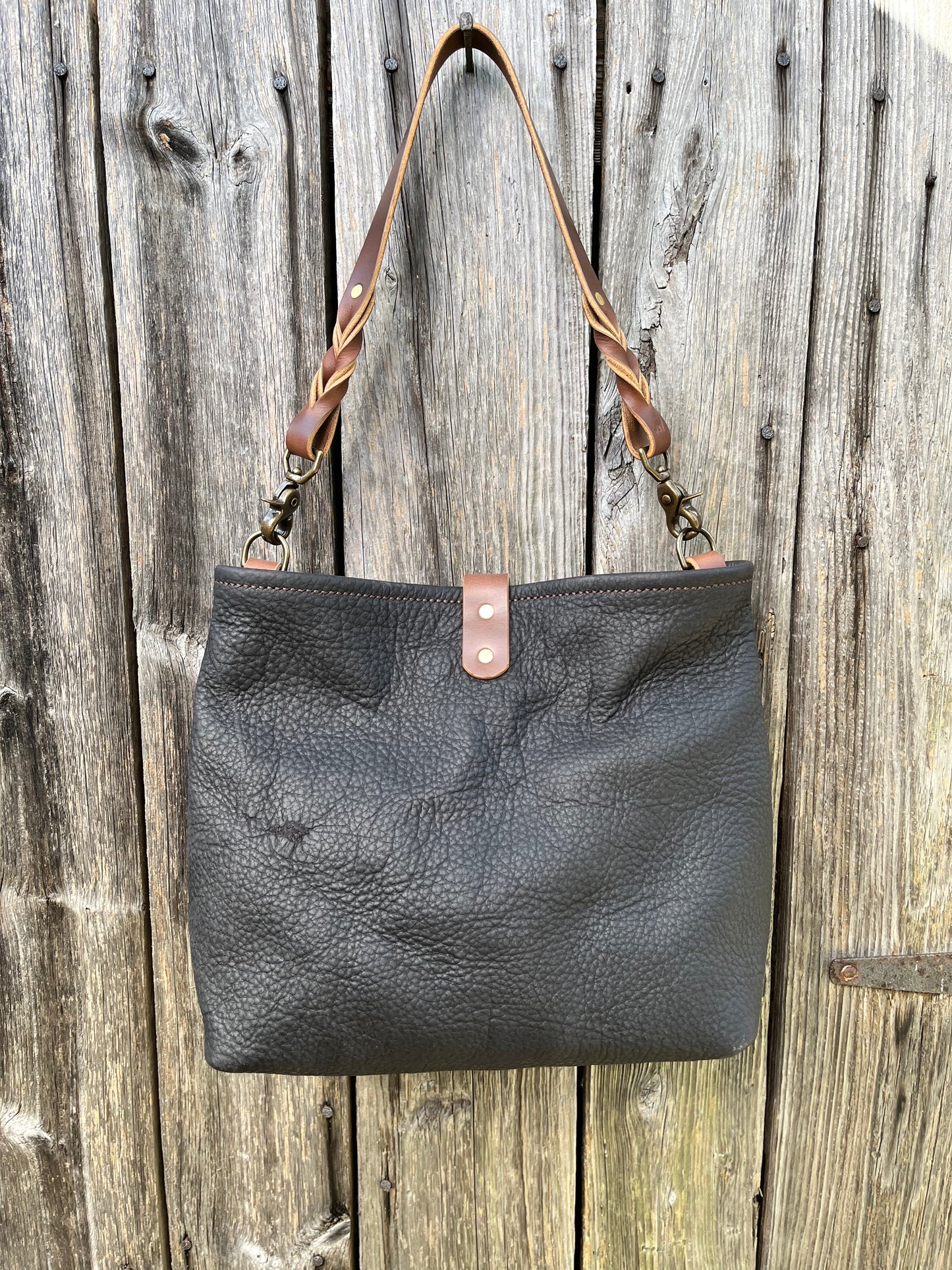 Mimi Slouch Bag in Distressed Black Bison with Braided Throwover Leather Tassel