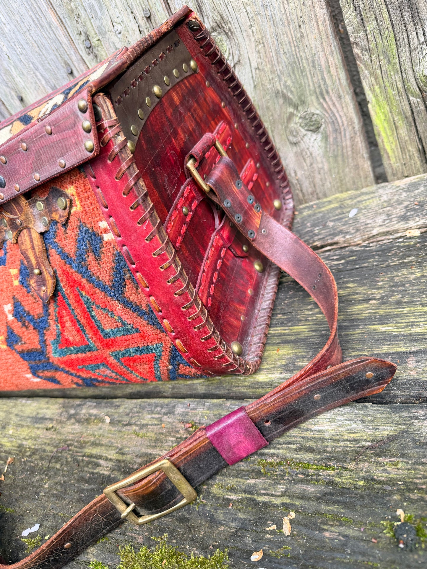 Carpet Bag Tote with Antique Rug & Veg Tanned Leather // Handmade in Wales, UK