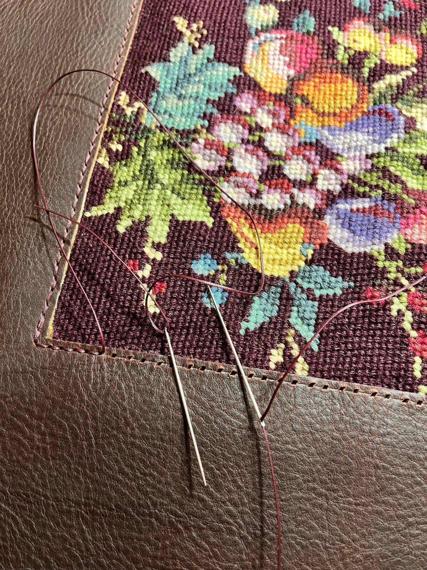 Premium Oil Tanned Leather Tote with Vintage English Needlepoint