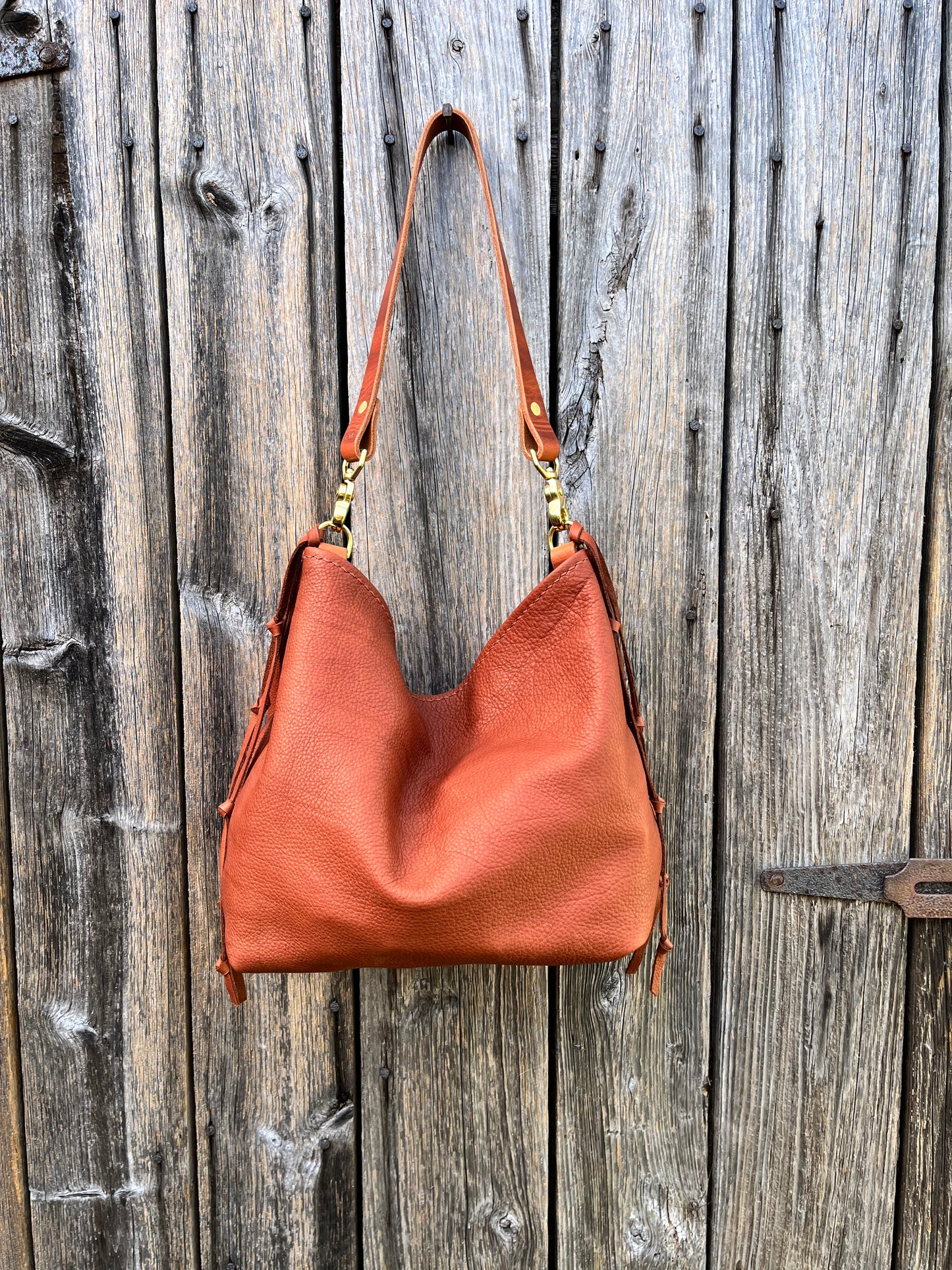 Mimi Slouch Bag in Brandy Naked Cow with Leather Tassel Accents