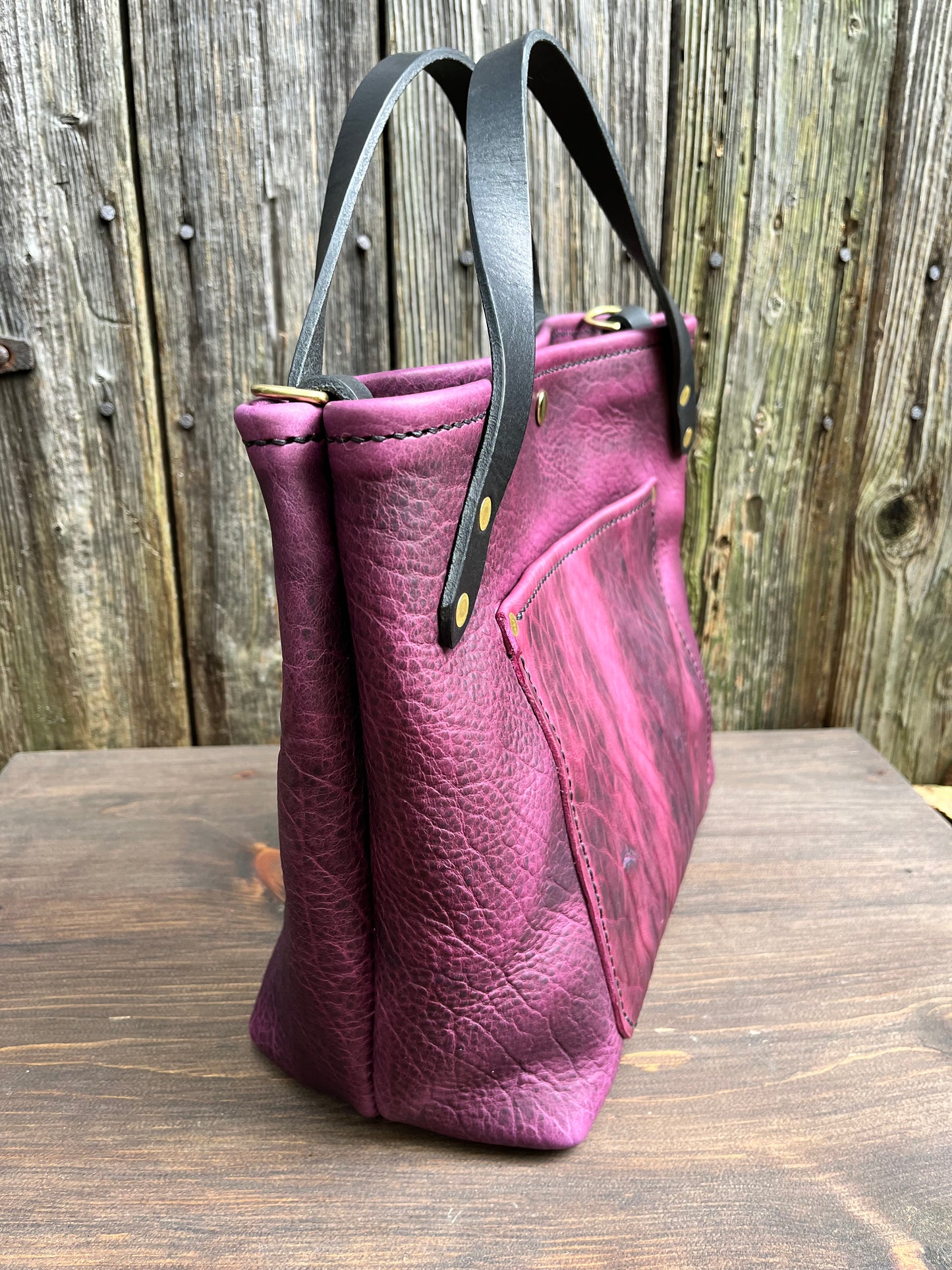 Crissy Grab Bag in Grape Bison with Front Pocket & Black Horween Handles