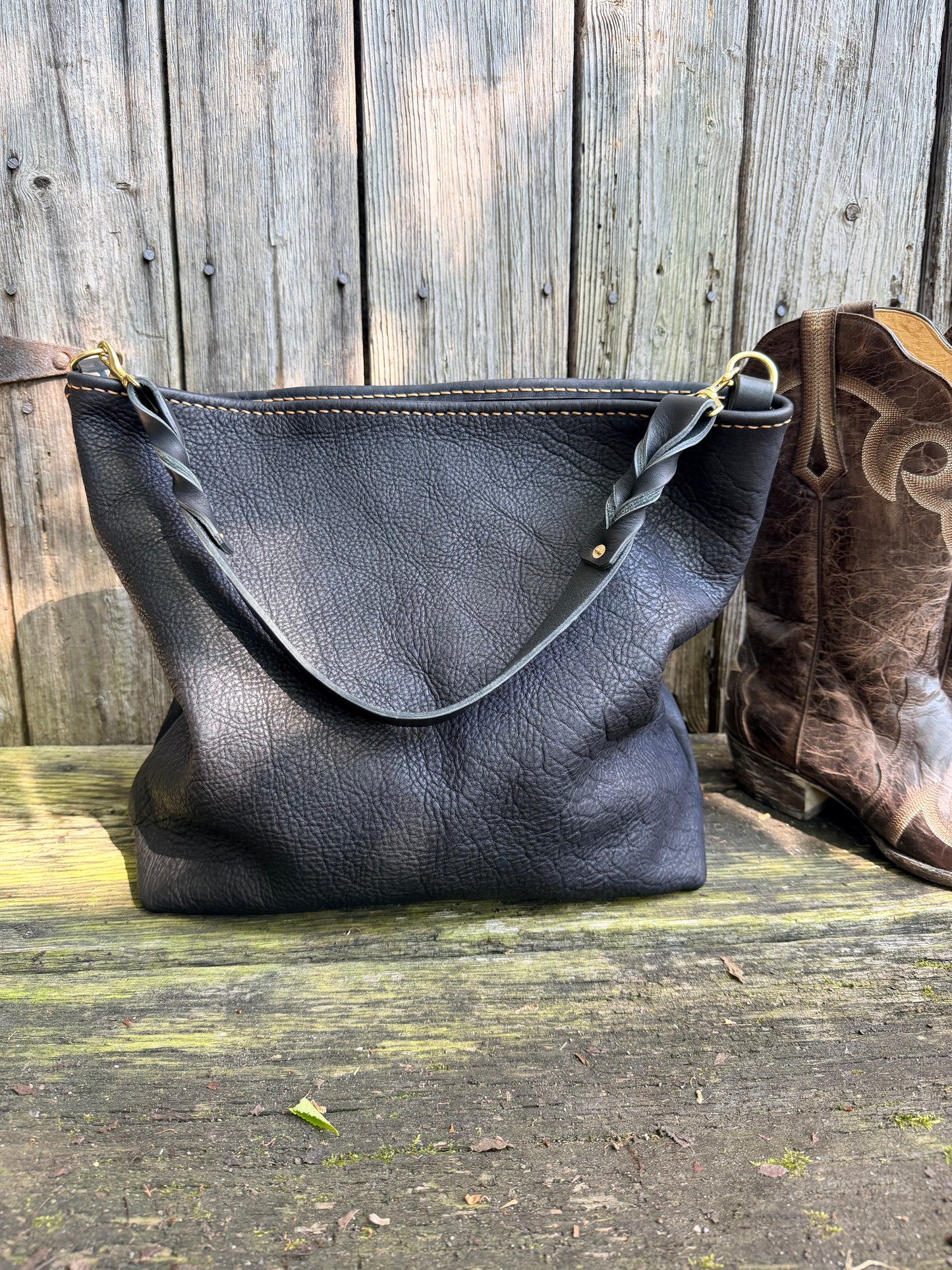 Rodeo Large Bucket in Soft Black Bison with Braided Horween Strap