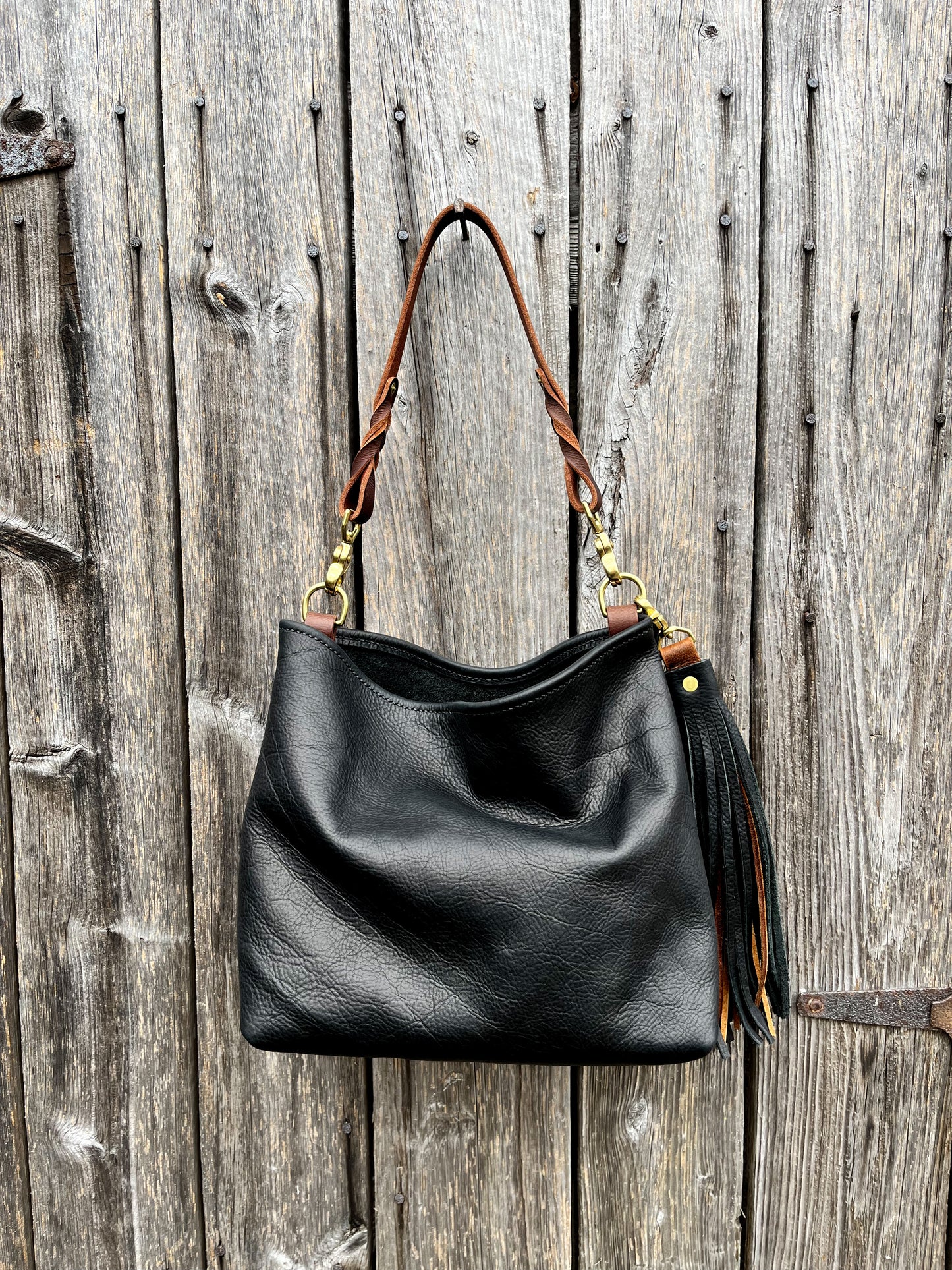 Mimi Slouch Bag in Black Kodiak with Leather Tassel