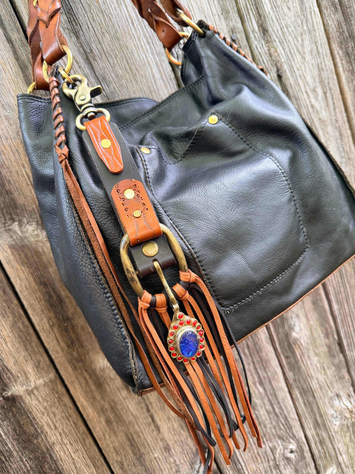 Bed Stu Boot Strap Tassel in Saddle Tan & Black Deerskin 15”L, OOAK